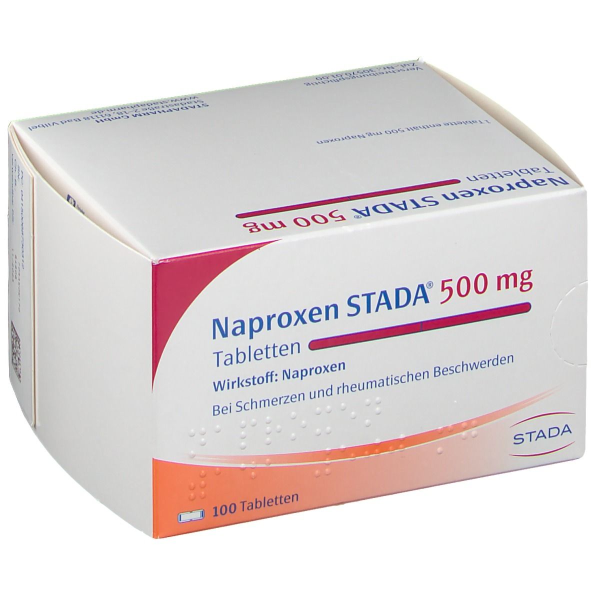 Weißer Karton mit Aufdruck. Aufschrift: Naproxen STADA 500 mg Tabletten. 100 Tabletten. STADA-Logo.