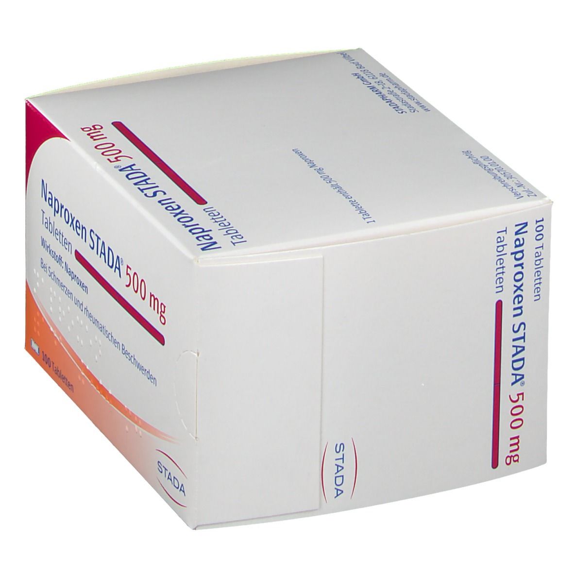 Weißer Karton mit Aufdruck. Aufschrift: Naproxen STADA 500 mg Tabletten. STADA-Logo. Seitenansicht.