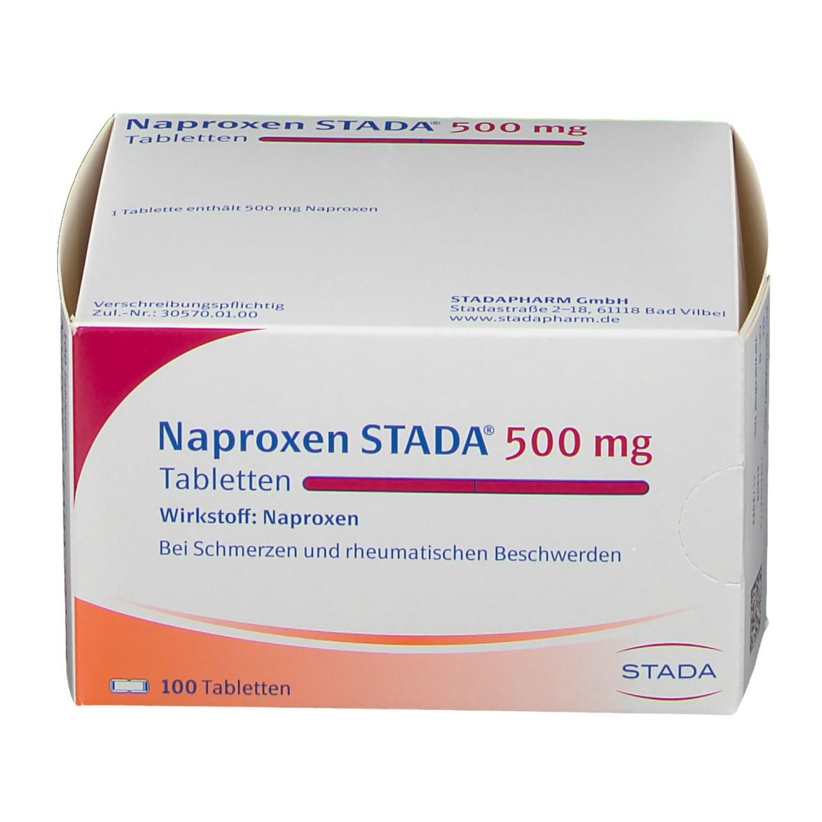 Weißer Karton mit Aufdruck. Aufschrift: Naproxen STADA 500 mg Tabletten. 100 Tabletten. STADA-Logo.