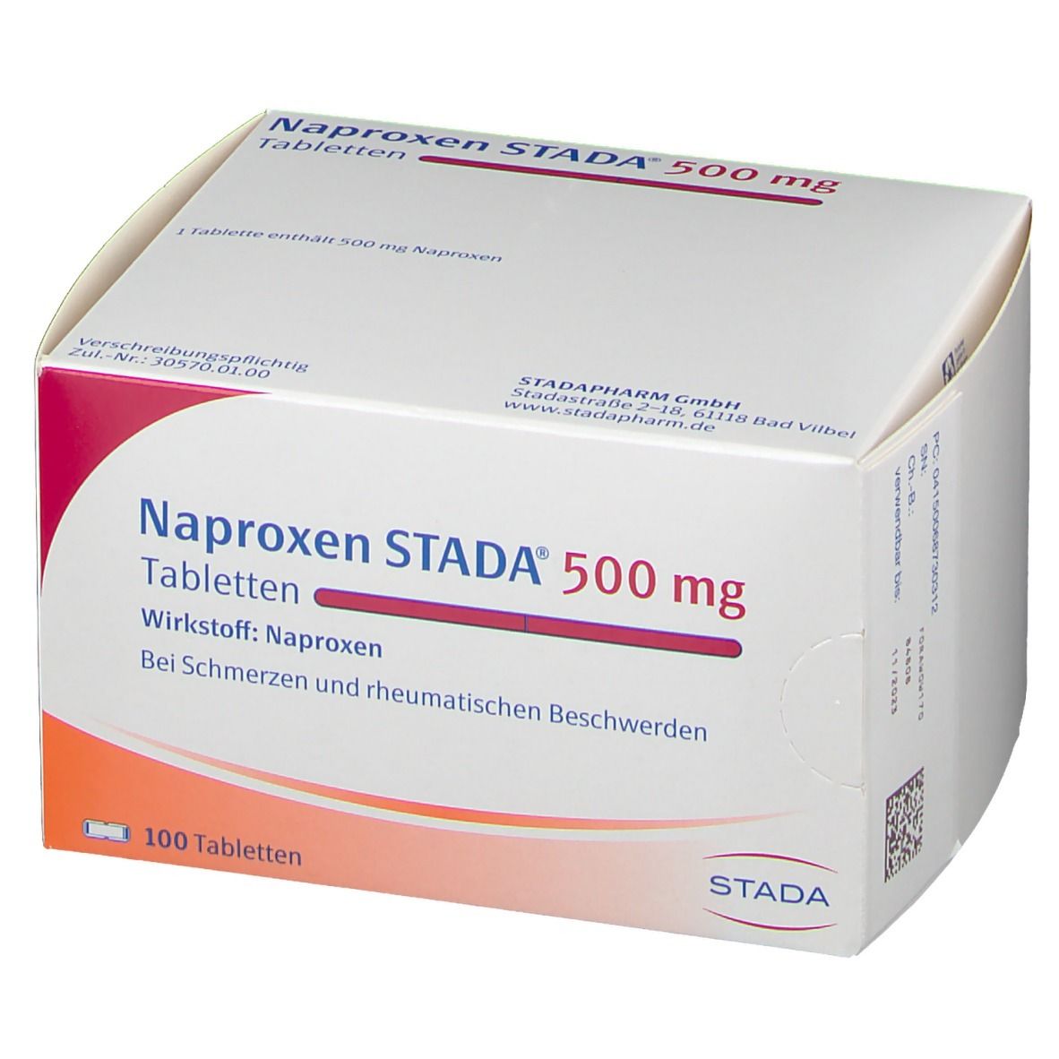 Weißer Karton mit Aufdruck. Aufschrift: Naproxen STADA 500 mg Tabletten. 100 Tabletten. STADA-Logo.