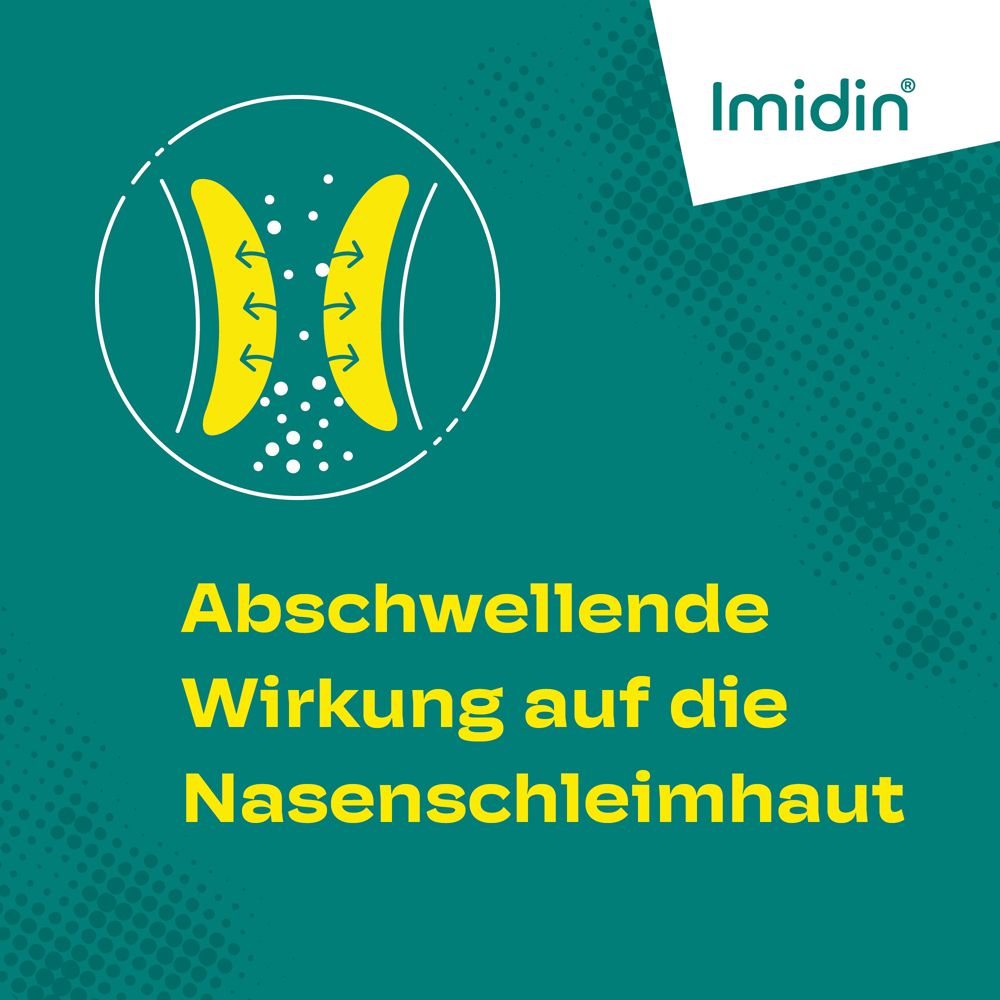 Kreis mit Pfeilen. Text: Abschwellende Wirkung auf die Nasenschleimhaut. Imidin Logo.