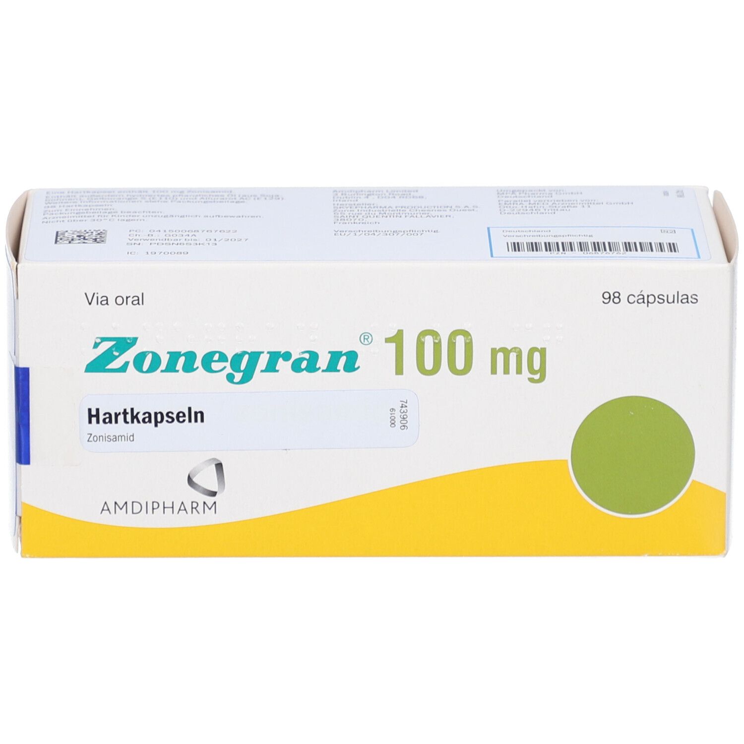 Schachtel "Zonegran 100 mg", 98 Hartkapseln. Schriftzug "Via oral".