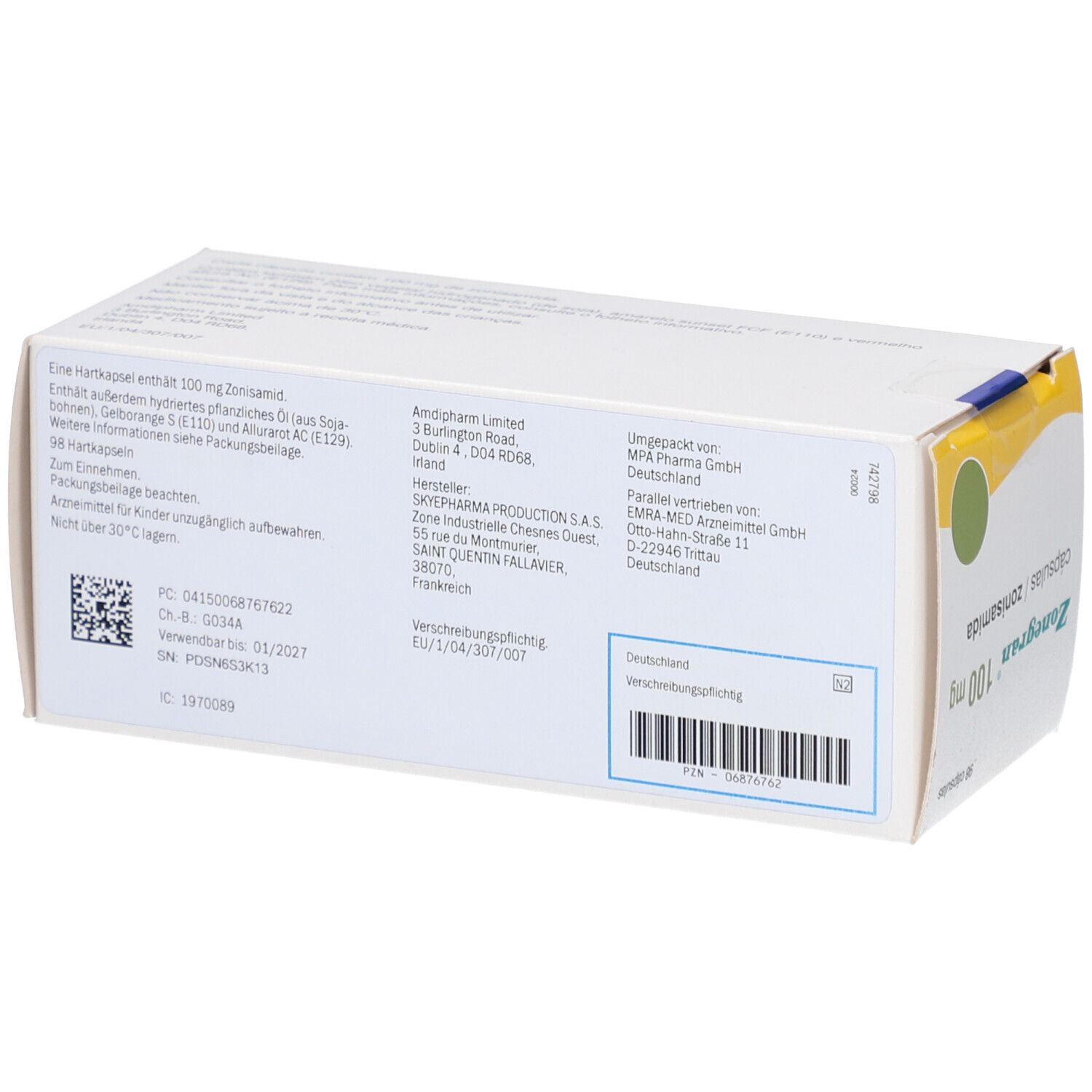Rückseite der "Zonegran 100 mg" Schachtel. Textinformationen und Barcode.