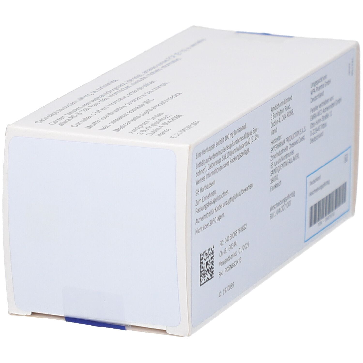 Schachtel mit Text und Barcode. Blaue Ecke.