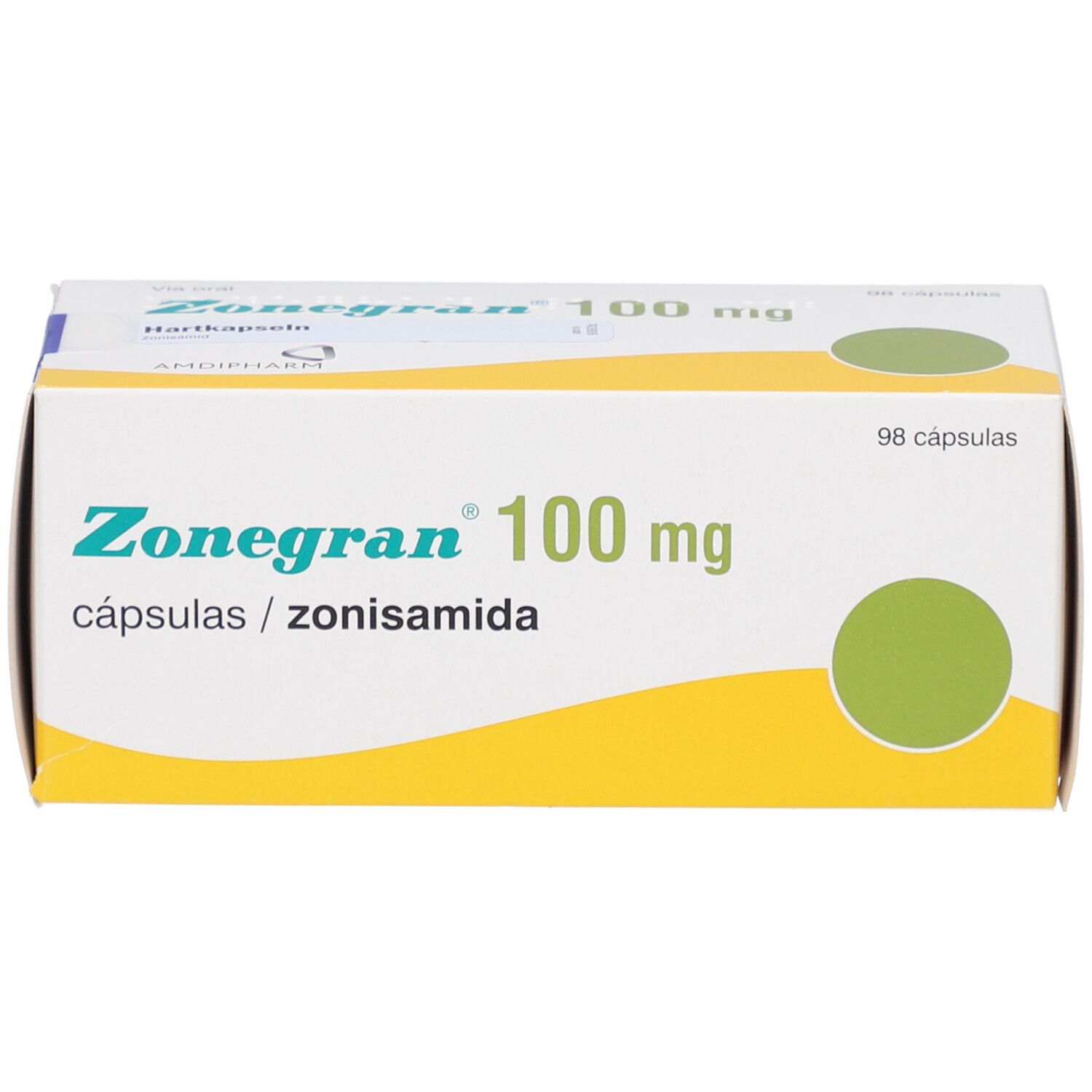 Schachtel "Zonegran 100 mg", 98 Kapseln. Grün-gelbes Design.