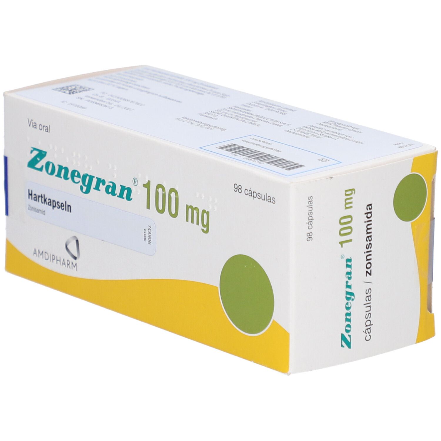 Schachtel "Zonegran 100 mg", 98 Kapseln. Schriftzug "Via oral".