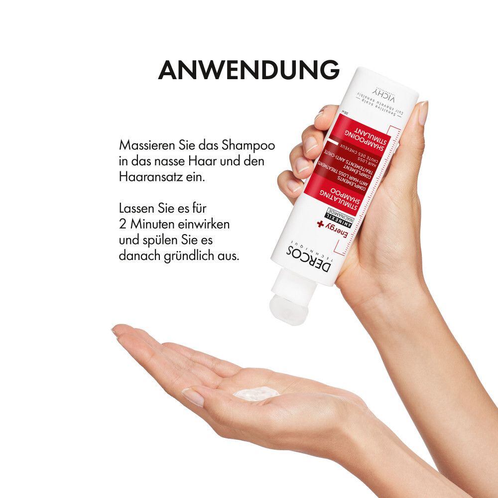 Hände halten Shampoo und Schaum. Text: Anwendung. Shampoo in nasses Haar massieren. 2 Minuten einwirken lassen.
