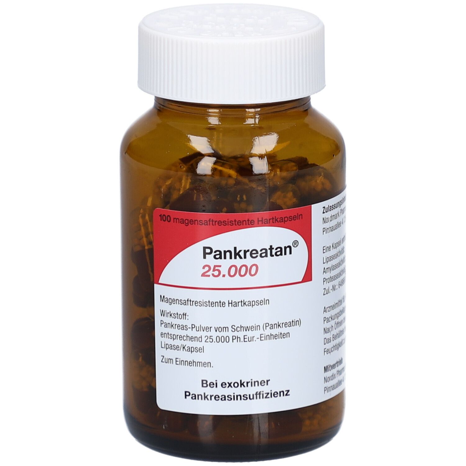 Braune Kapseln in einer braunen Glasflasche mit weißem Deckel. Auf dem Etikett steht Pankreatan 25.000.