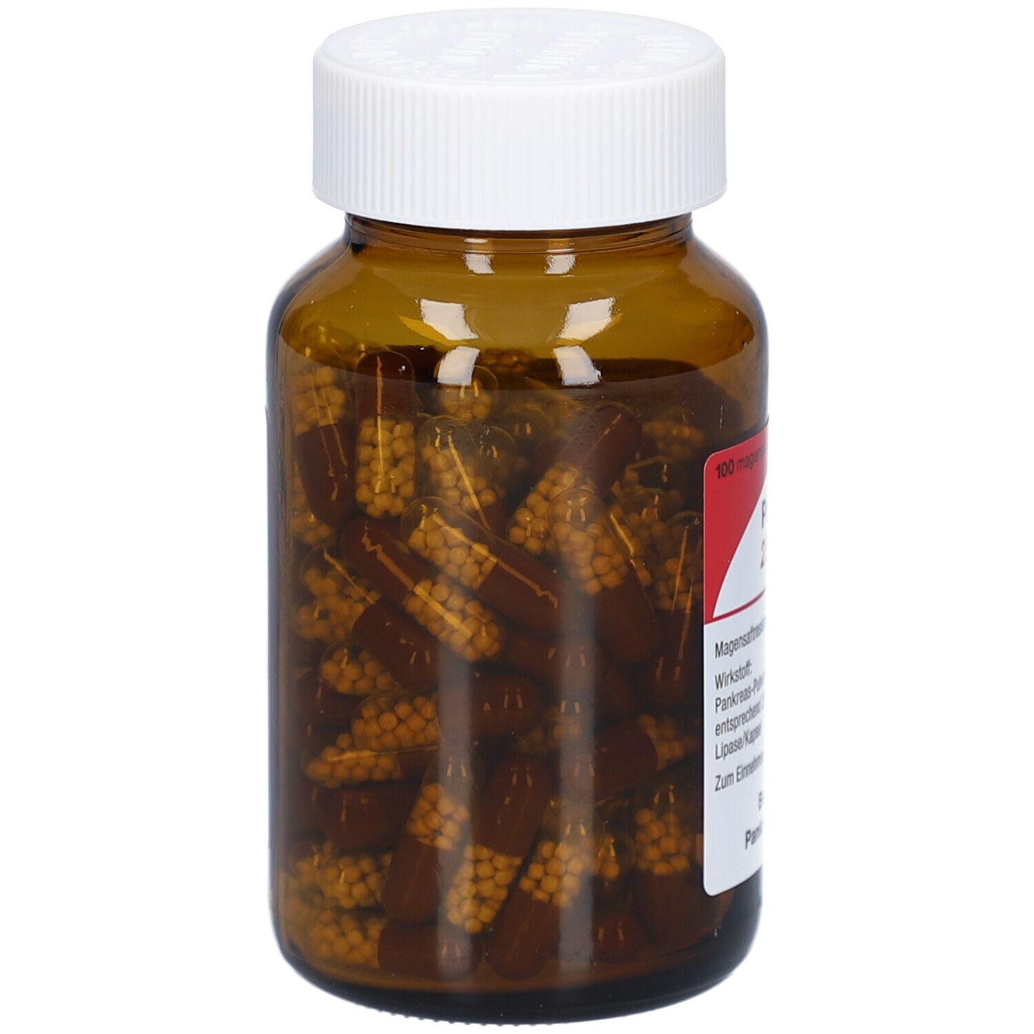 Rückansicht einer braunen Glasflasche mit weißen Etikett. Auf dem Etikett steht Pankreatan 25.000 und weitere Informationen.