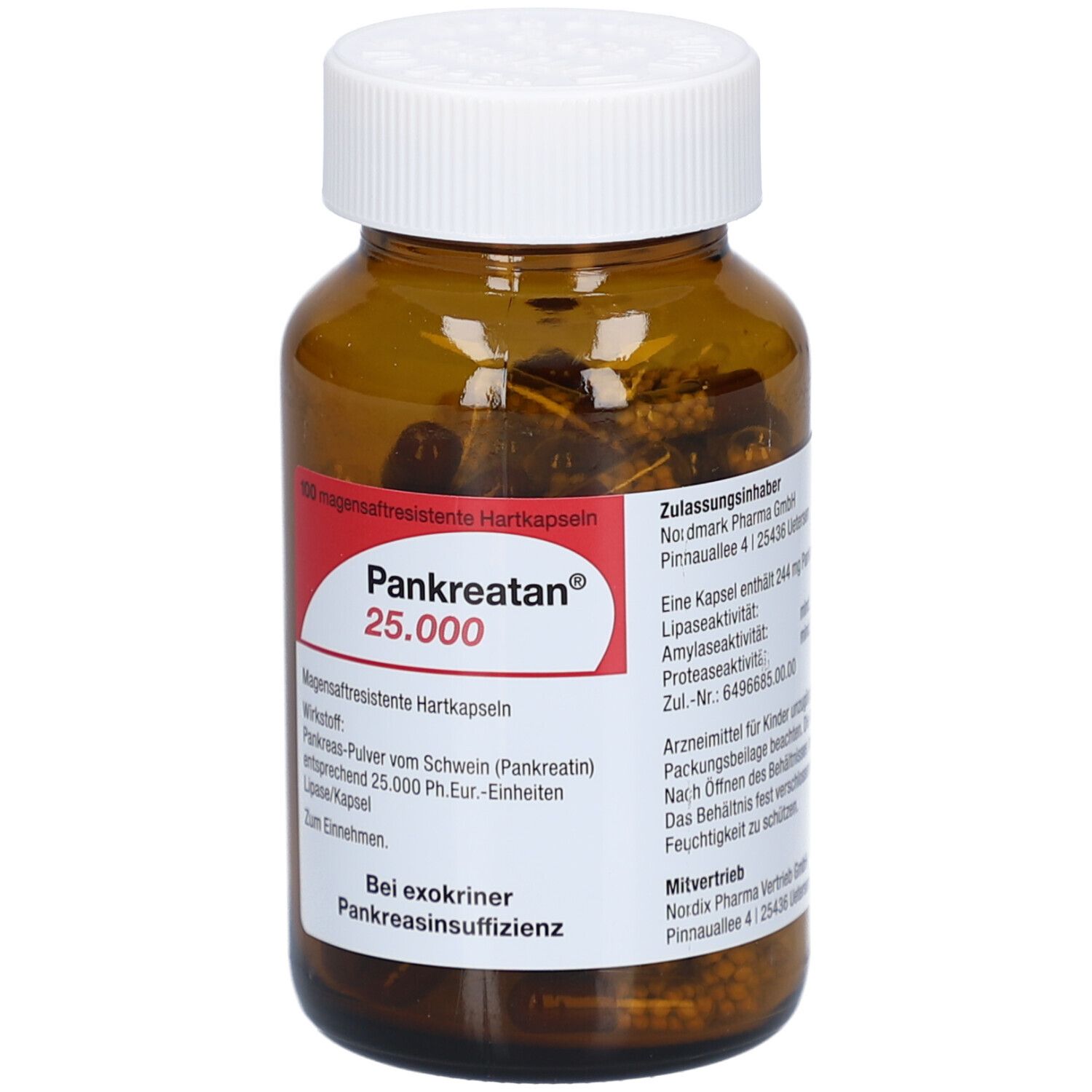 Braune Kapseln in einer braunen Glasflasche mit weißem Deckel. Auf dem Etikett steht Pankreatan 25.000.