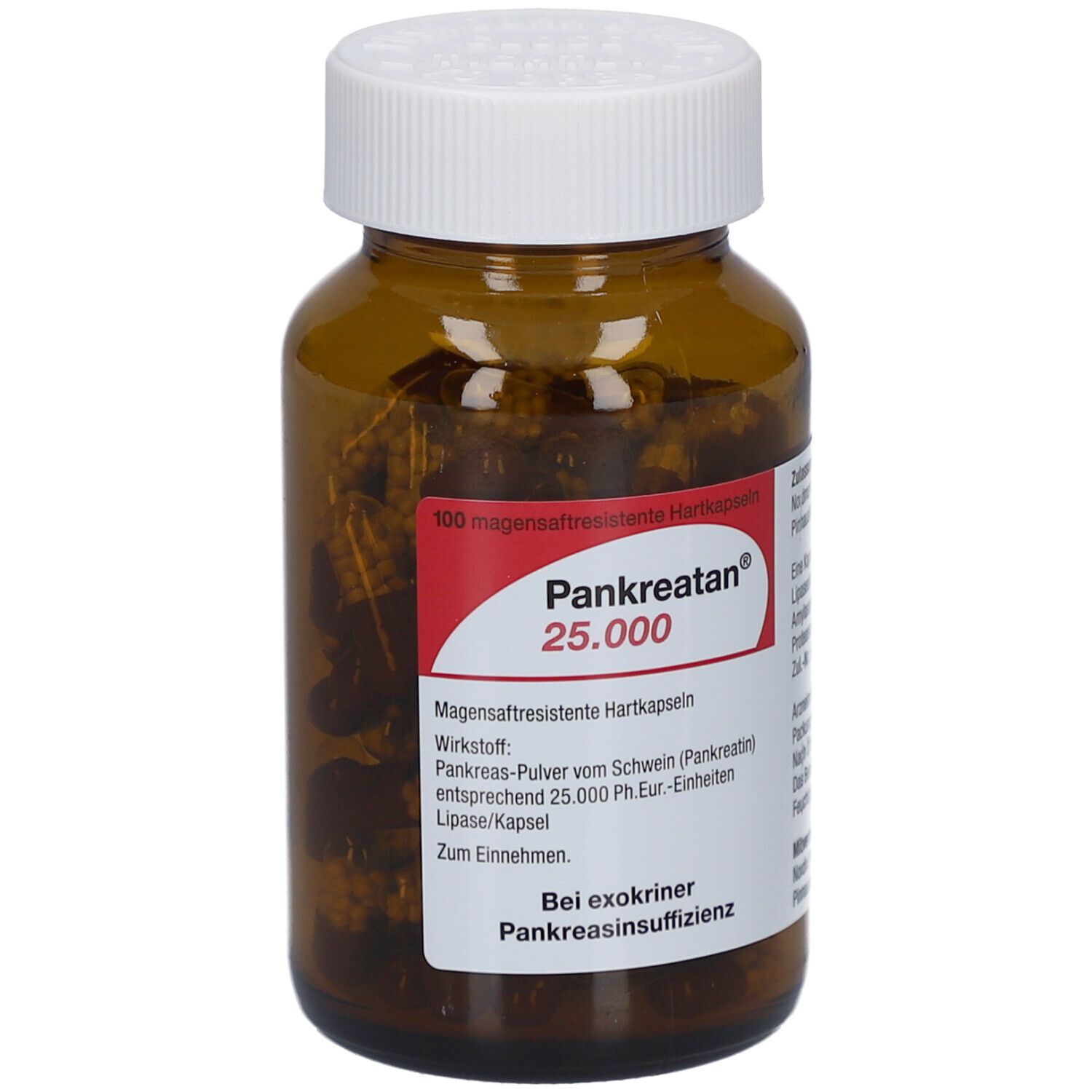 Braune Kapseln in einer braunen Glasflasche mit weißem Deckel. Auf dem Etikett steht Pankreatan 25.000.
