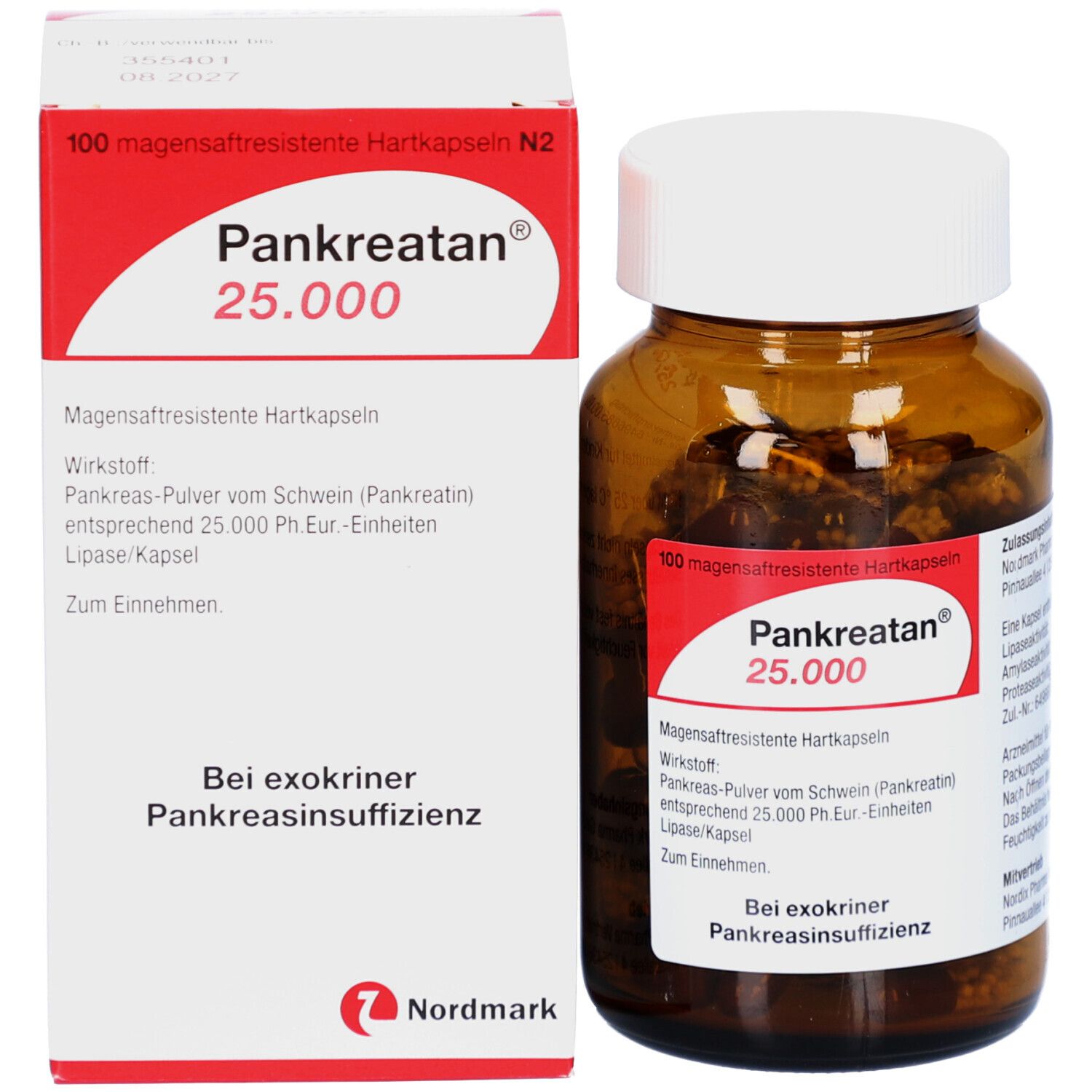 Eine braune Glasflasche mit Kapseln und eine Packung Pankreatan 25.000. Beide zeigen Produktinformationen.