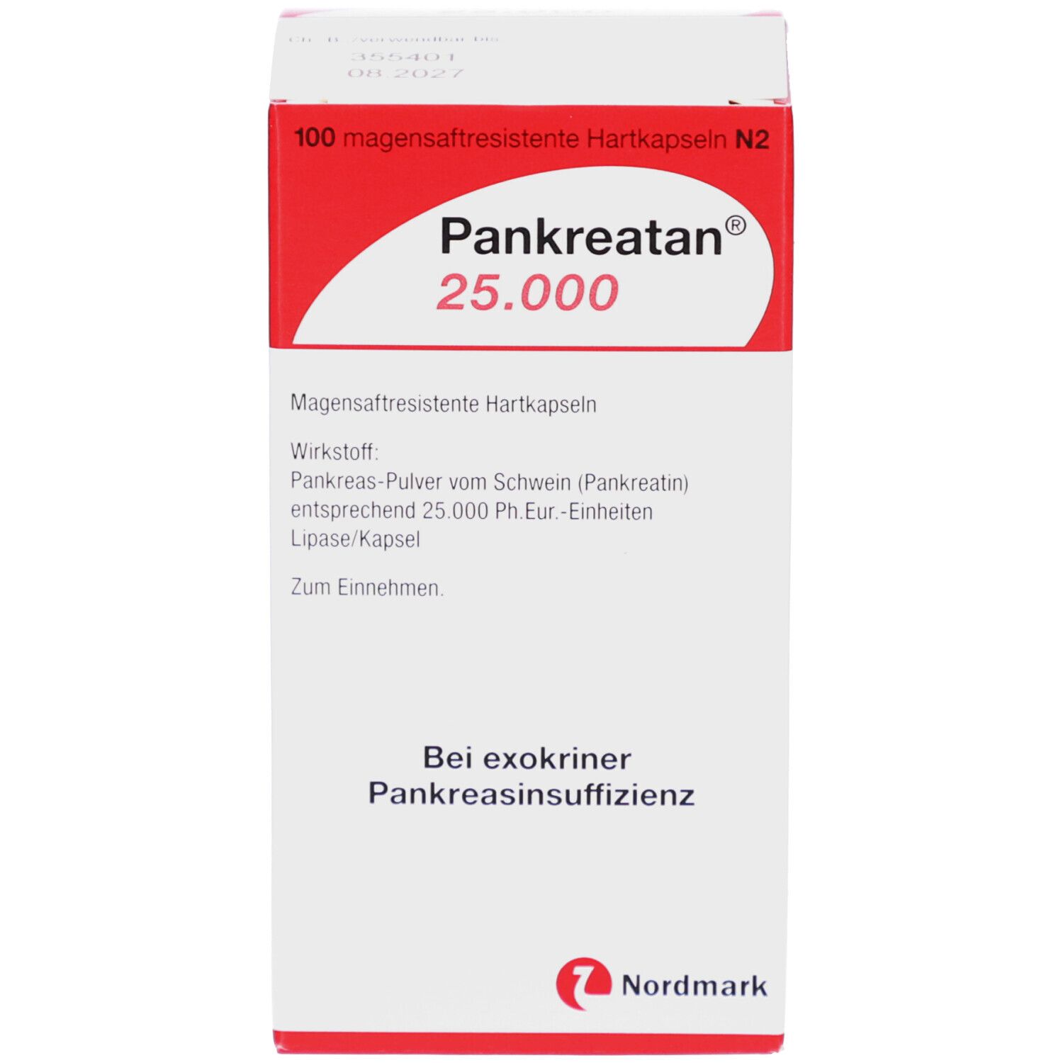 Eine Packung Pankreatan 25.000 mit Produktinformationen und dem Logo von Nordmark.