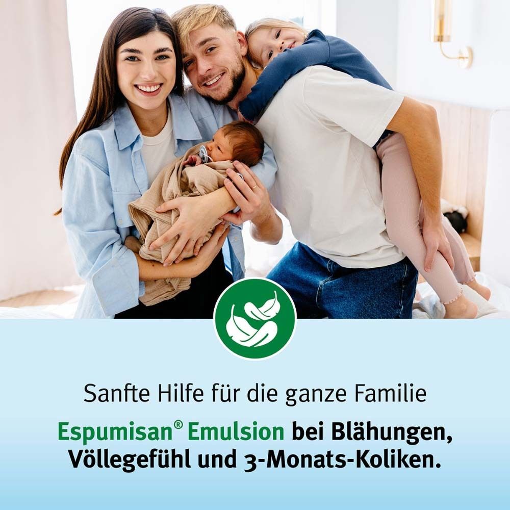 Familie mit Baby. Text: Espumisan® Emulsion bei Blähungen, Völlegefühl und 3-Monats-Koliken.