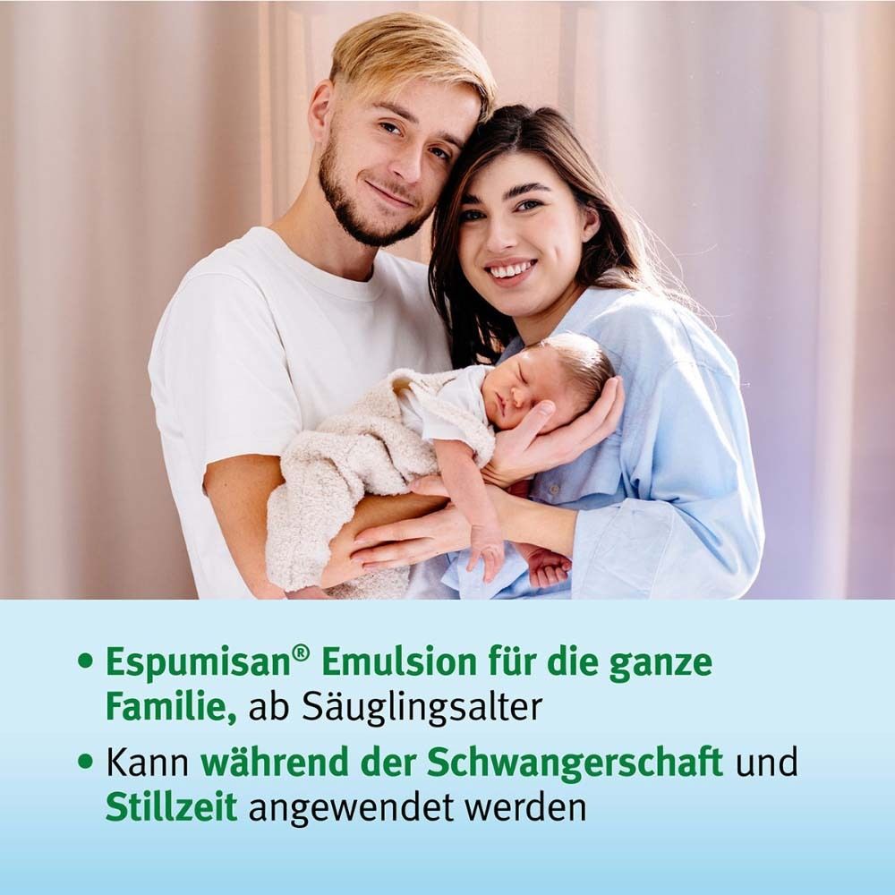 Familie mit Baby. Text: Espumisan® Emulsion für die ganze Familie, ab Säuglingsalter. Kann während Schwangerschaft und Stillzeit.
