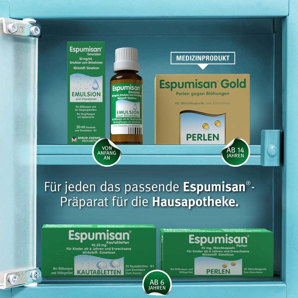 Apothekerschrank mit Espumisan® Produkten. Espumisan® Emulsion, Gold Perlen, Kautabletten. Ab 6 und 14 Jahren.