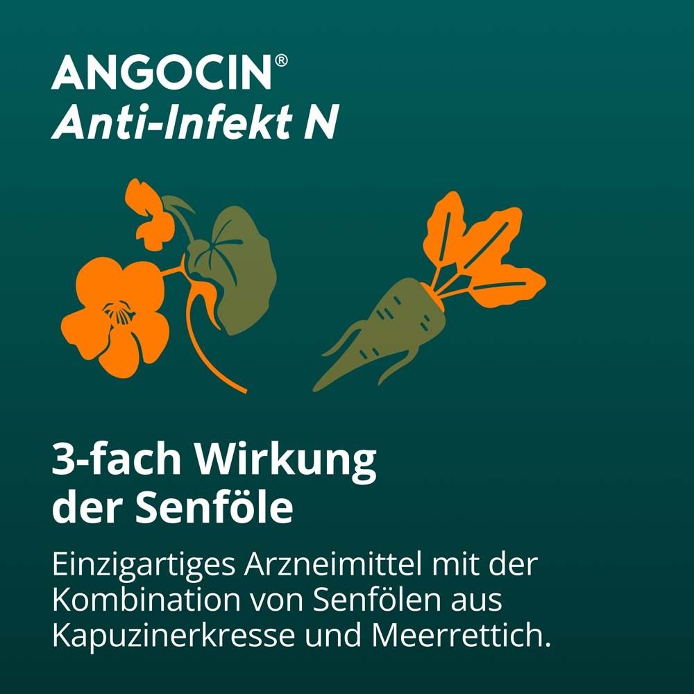 Text mit ANGOCIN® Anti-Infekt N. Illustrationen von Kapuzinerkresse, Meerrettich. Text: 3-fach Wirkung.