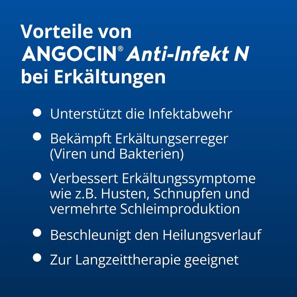 Vorteile von ANGOCIN® Anti-Infekt N bei Erkältungen. Text mit Stichpunkten. Unterstützt die Infektabwehr.