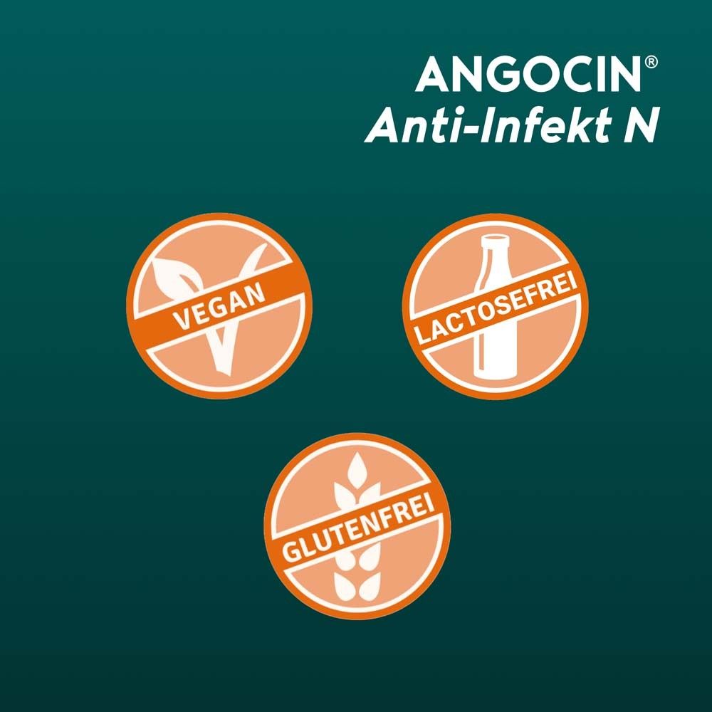 Icons: Vegan, Laktosefrei, Glutenfrei. Text: ANGOCIN® Anti-Infekt N.