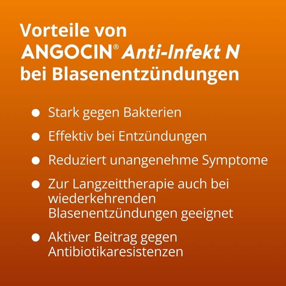 Vorteile von ANGOCIN® Anti-Infekt N bei Blasenentzündungen. Text mit Punkten: Stark gegen Bakterien, effektiv bei Entzündungen.