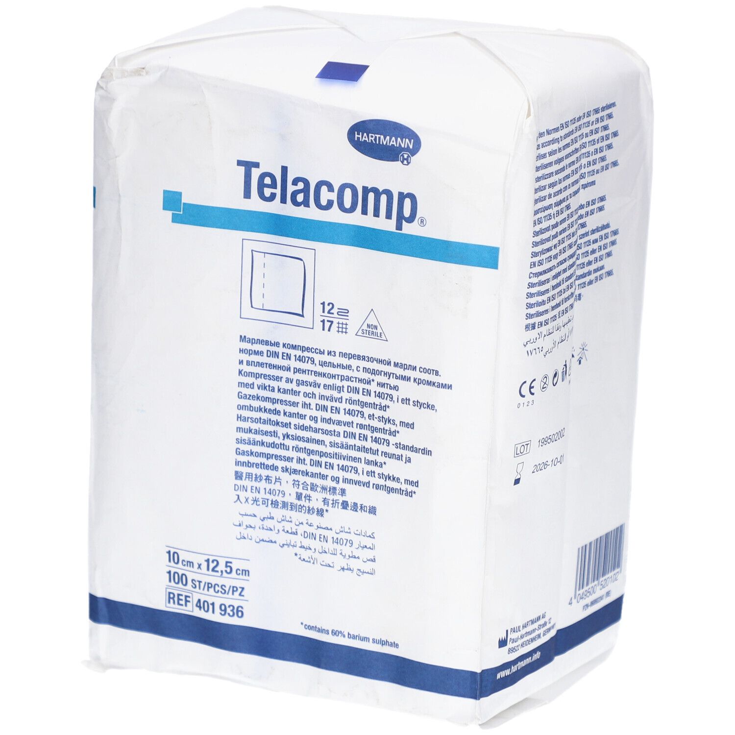 Verpackung mit Telacomp Kompressen. Marke Hartmann. Größe 10x12,5 cm. 100 Stück. Blaue und weiße Verpackung.
