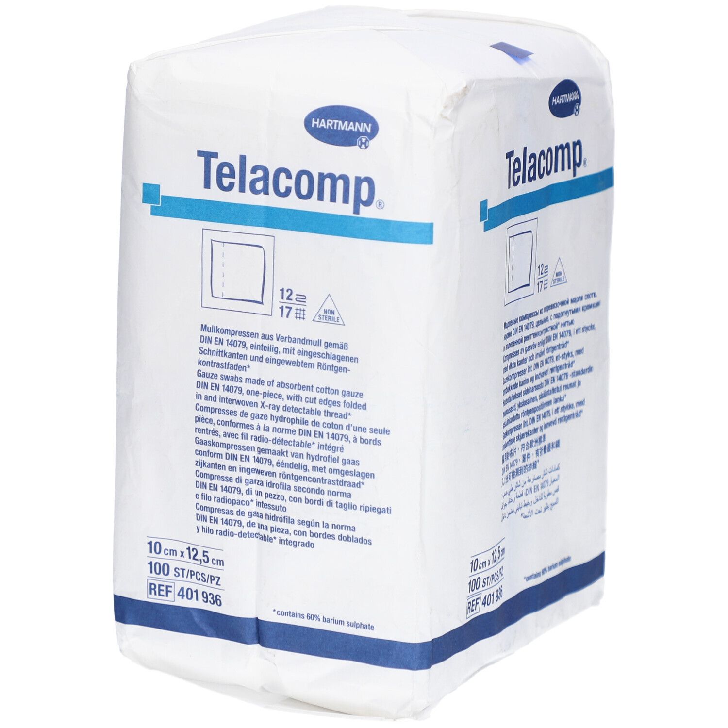 Verpackung mit Telacomp Kompressen. Marke Hartmann. Größe 10x12,5 cm. 100 Stück. Text in mehreren Sprachen.