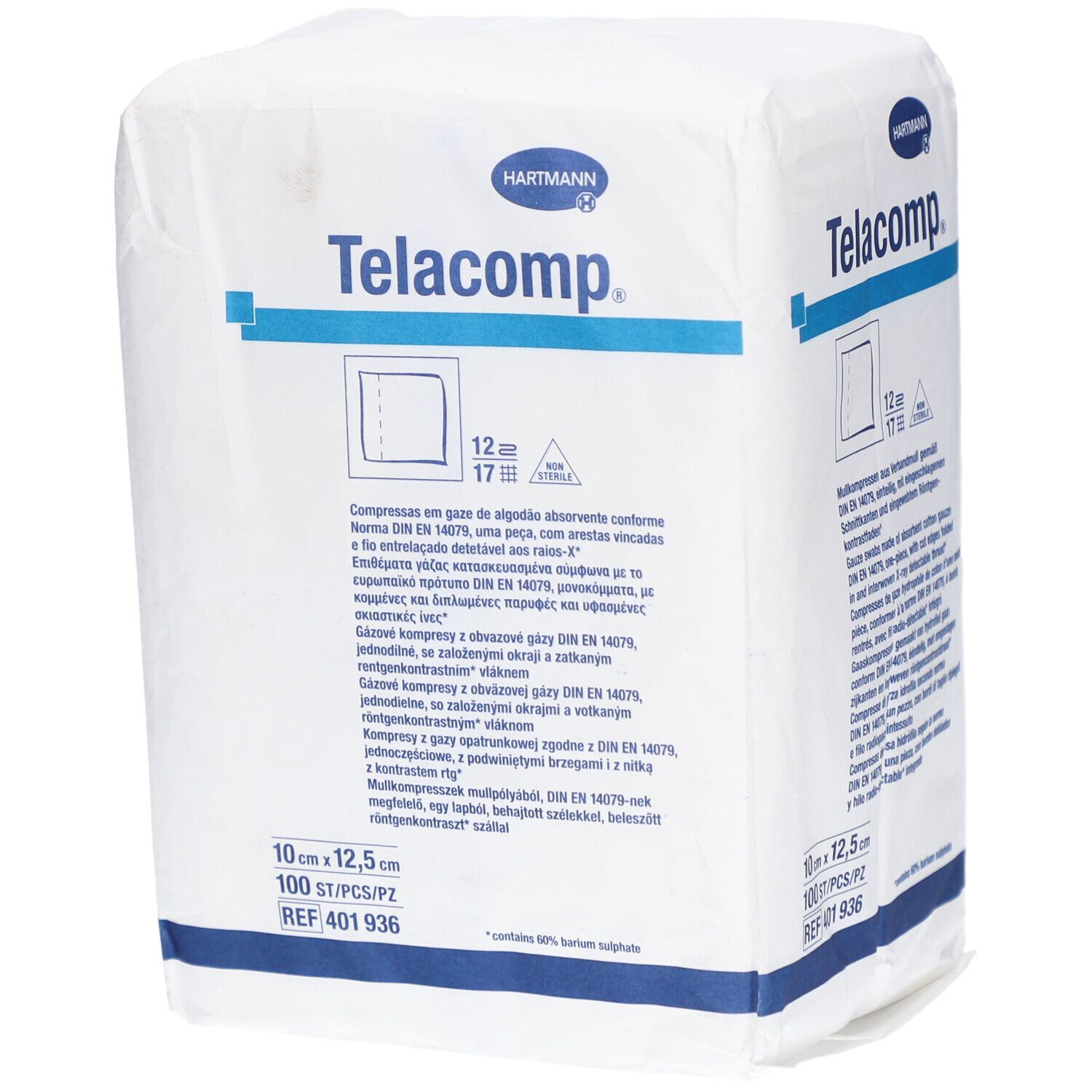 Verpackung mit Telacomp Kompressen. Marke Hartmann. Größe 10x12,5 cm. 100 Stück. Text in mehreren Sprachen.
