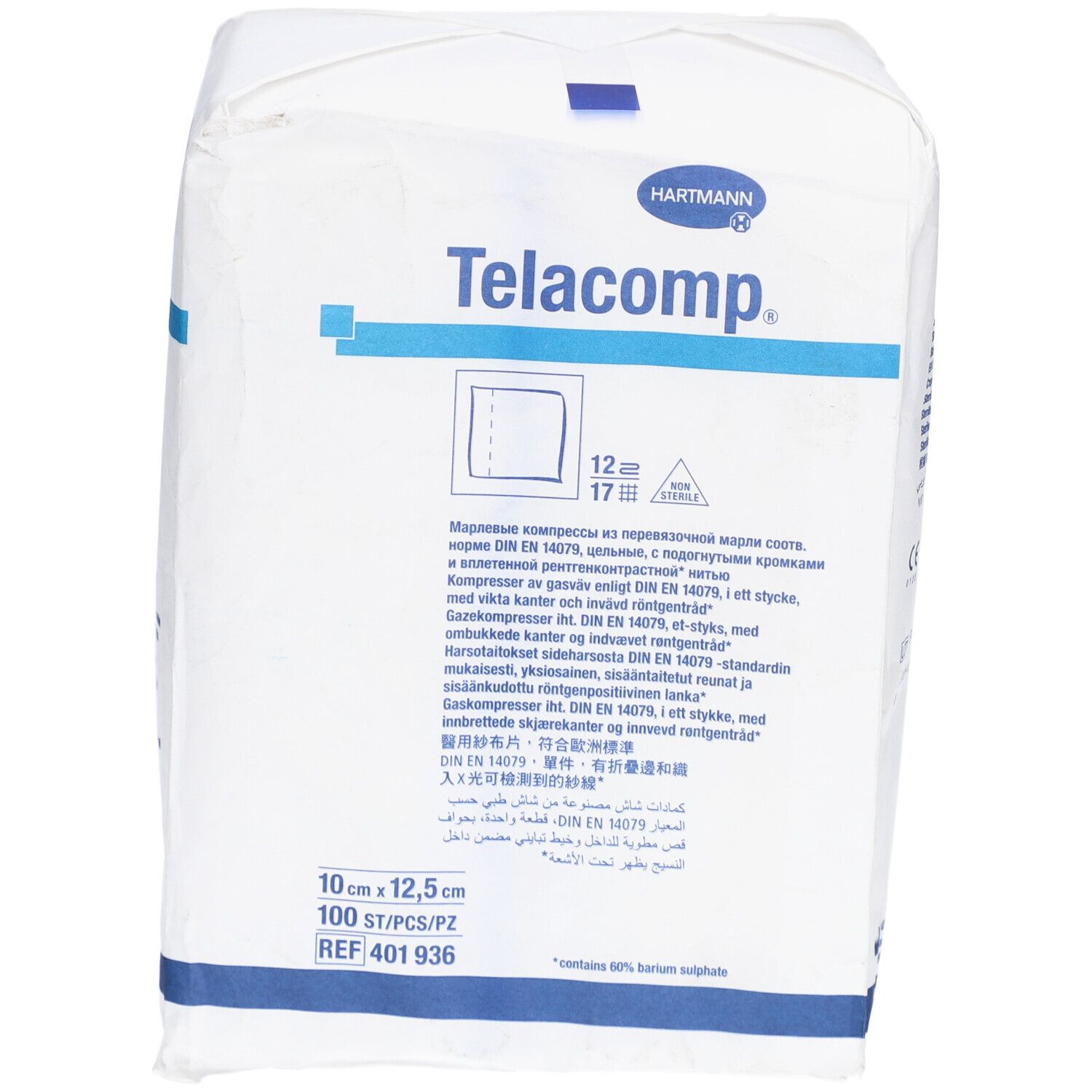 Verpackung mit Telacomp Kompressen. Marke Hartmann. Größe 10x12,5 cm. 100 Stück. Blaue und weiße Verpackung.