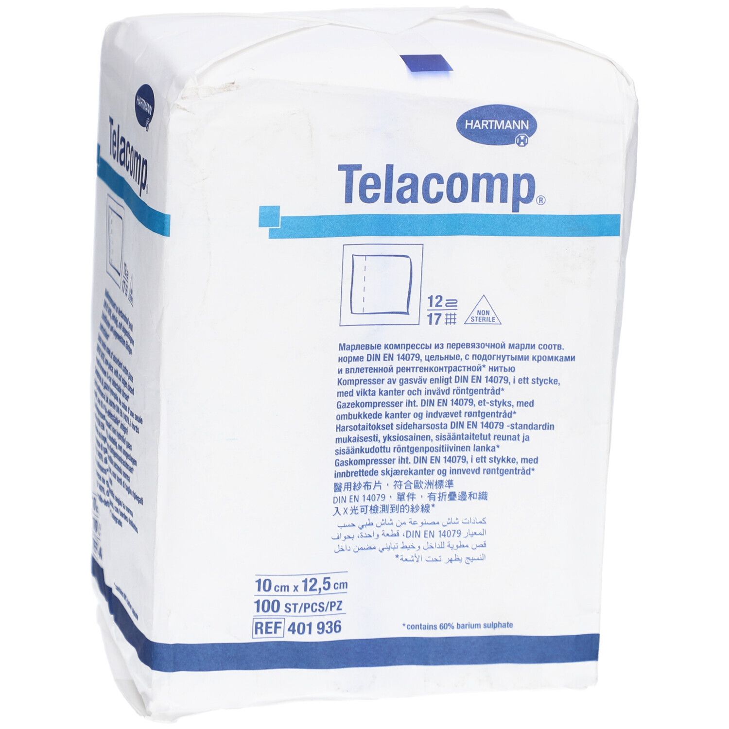 Verpackung mit Telacomp Kompressen. Marke Hartmann. Größe 10x12,5 cm. 100 Stück. Blaue und weiße Verpackung.