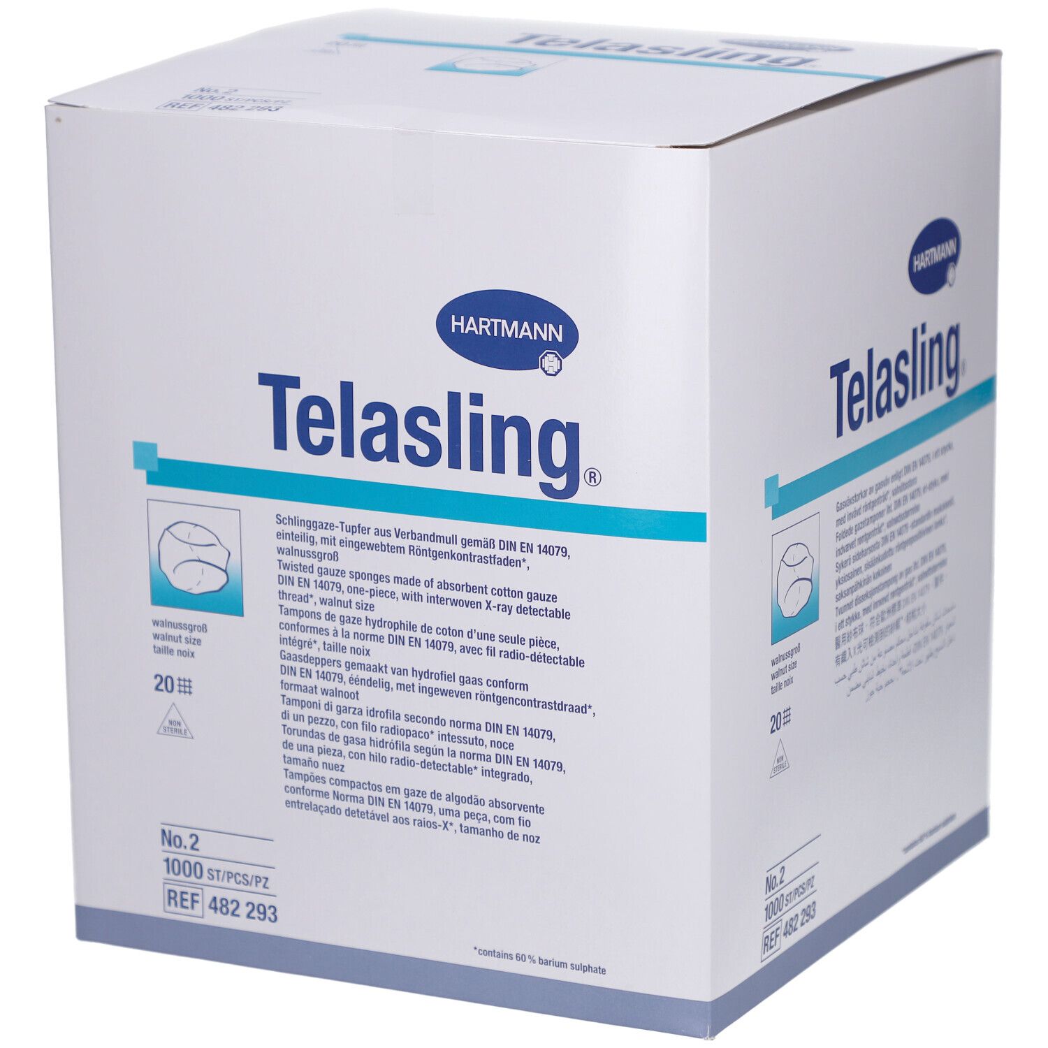 Weißer Karton mit Produktbezeichnung "Telasling" und Logo "Hartmann". Enthält 1000 Stück. Größe 2. Mit Produktinformationen.