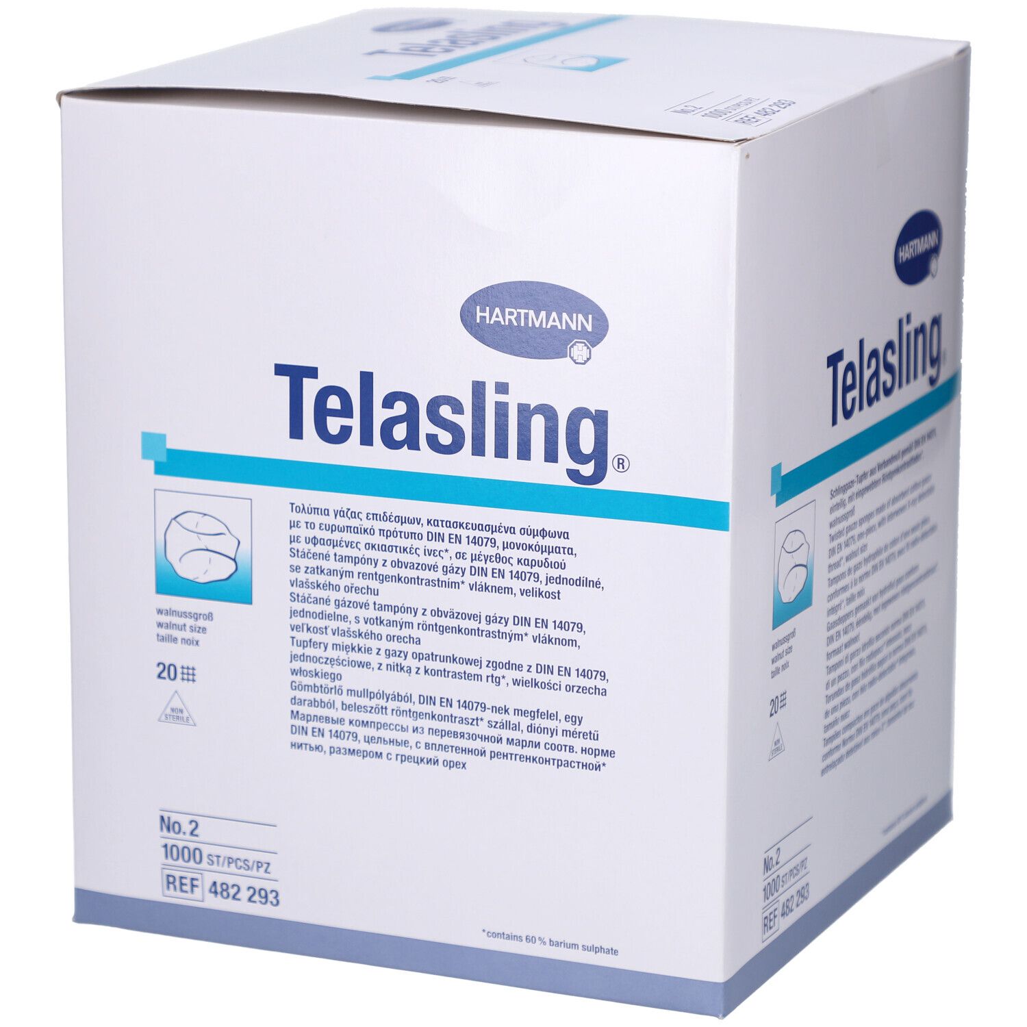 Weißer Karton mit Produktbezeichnung "Telasling" und Logo "Hartmann". Enthält 1000 Stück. Größe 2. Mit Produktinformationen.