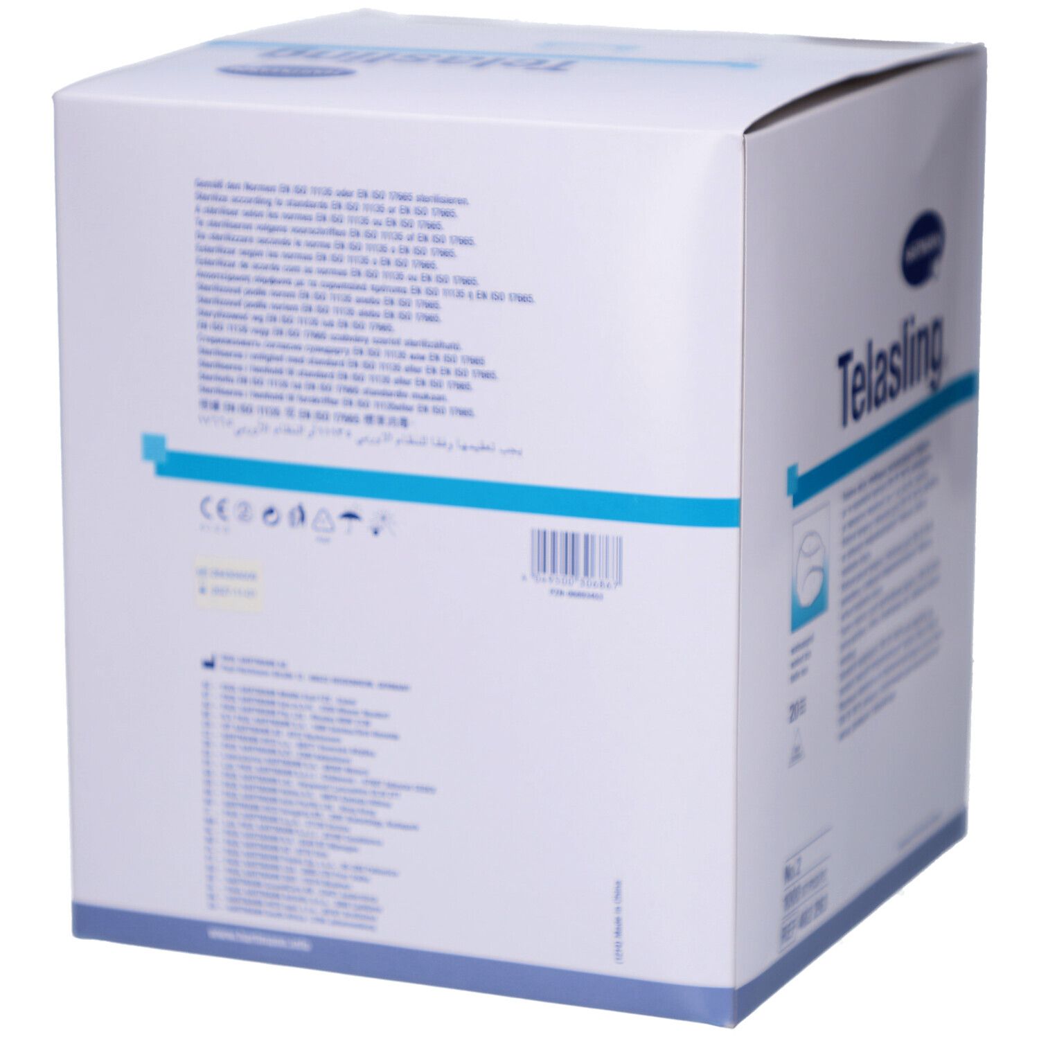 Rückseite eines weißen Kartons mit Produktinformationen und Barcode. Logo "Hartmann" und Produktname "Telasling".