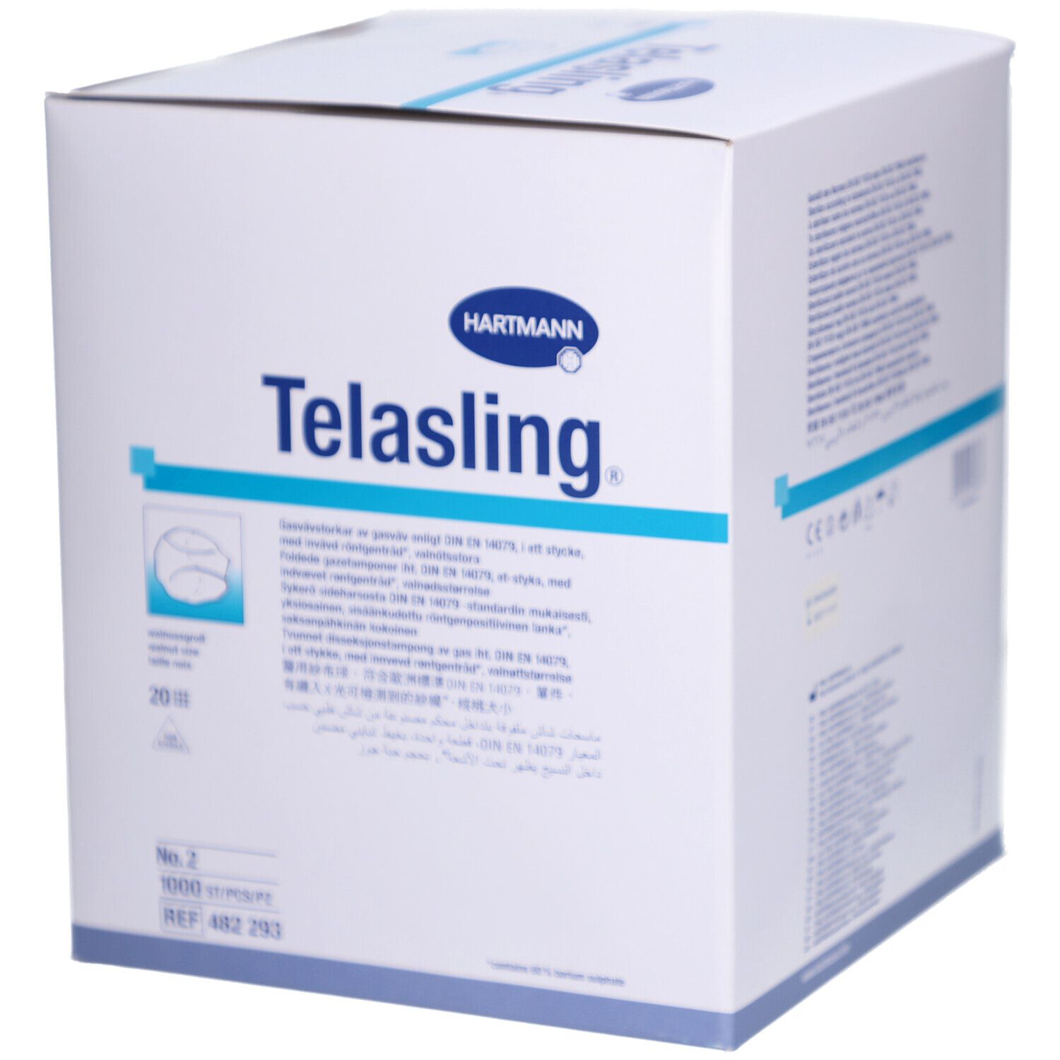 Weißer Karton mit Produktbezeichnung "Telasling" und Logo "Hartmann". Enthält 1000 Stück. Größe 2. Mit Produktinformationen.