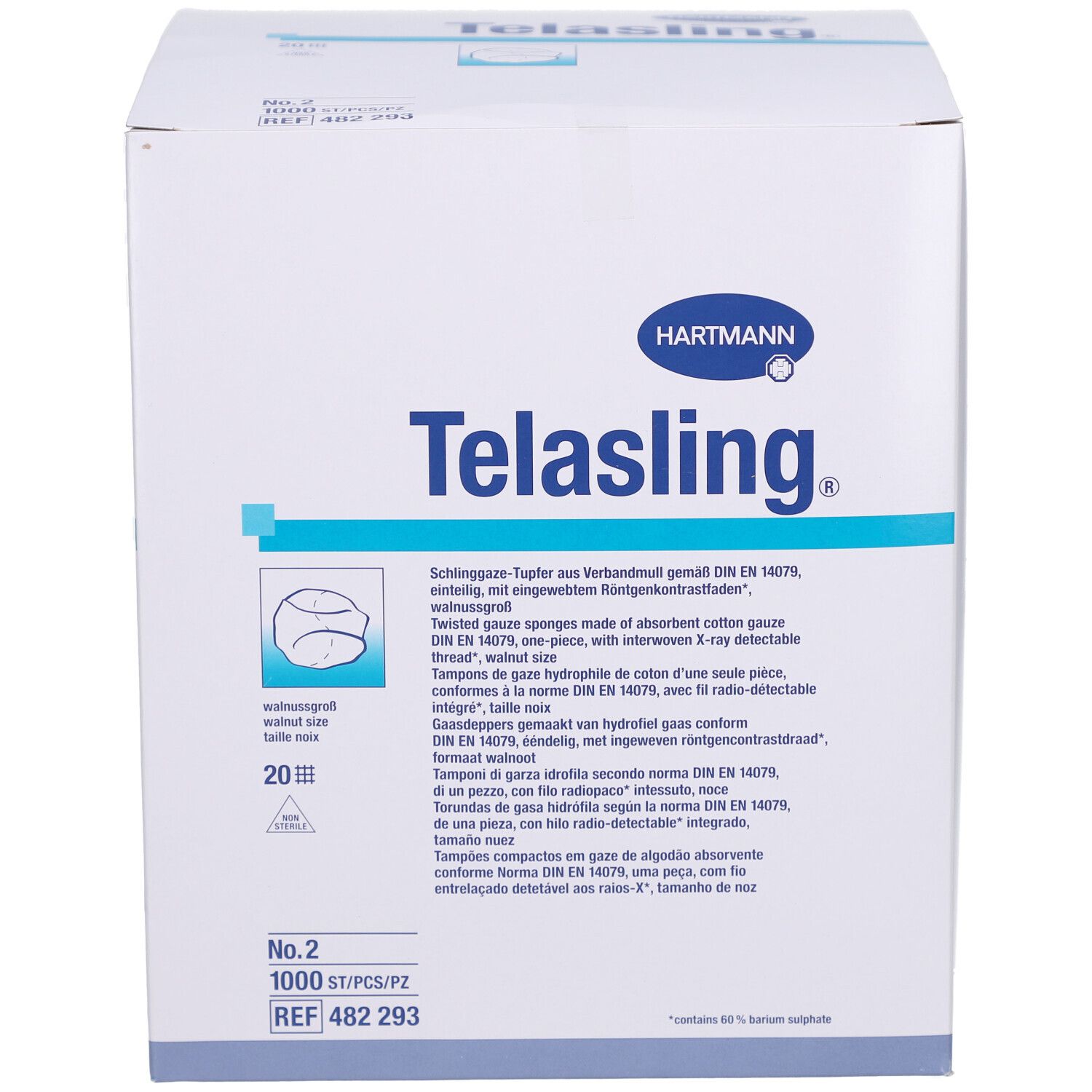 Weißer Karton mit Produktbezeichnung "Telasling" und Logo "Hartmann". Enthält 1000 Stück. Größe 2. Mit Produktinformationen.