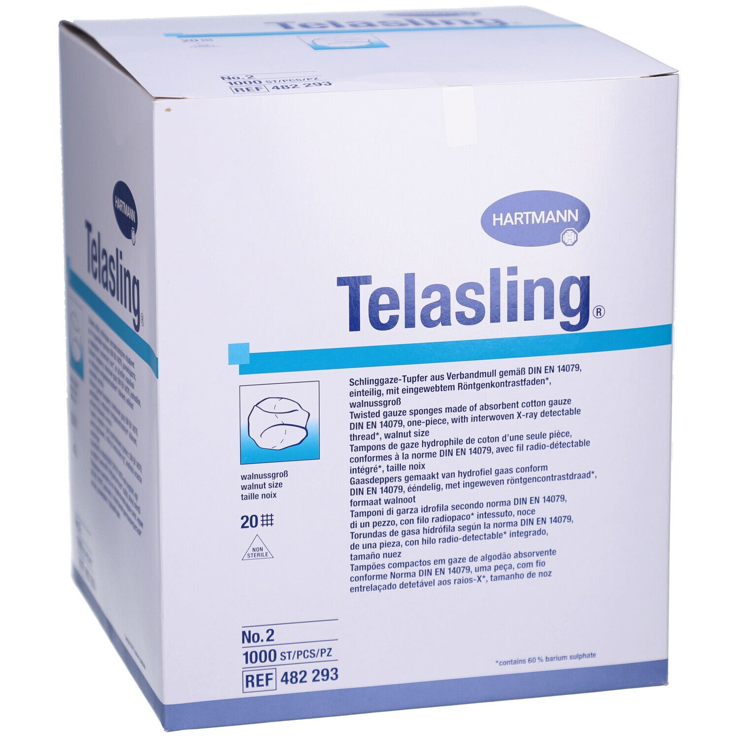 Weißer Karton mit Produktbezeichnung "Telasling" und Logo "Hartmann". Enthält 1000 Stück. Größe 2. Mit Produktinformationen.