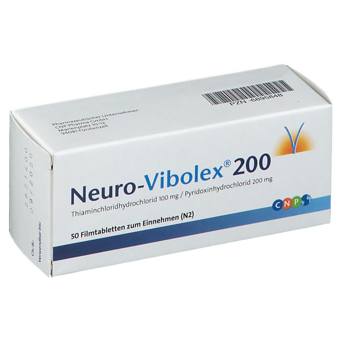 Schachtel Neuro-Vibolex 200 Filmtabletten. Aufschrift: Thiaminchloridhydrochlorid 100 mg / Pyridoxinhydrochlorid 200 mg. 50 Filmtabletten zum Einnehmen.