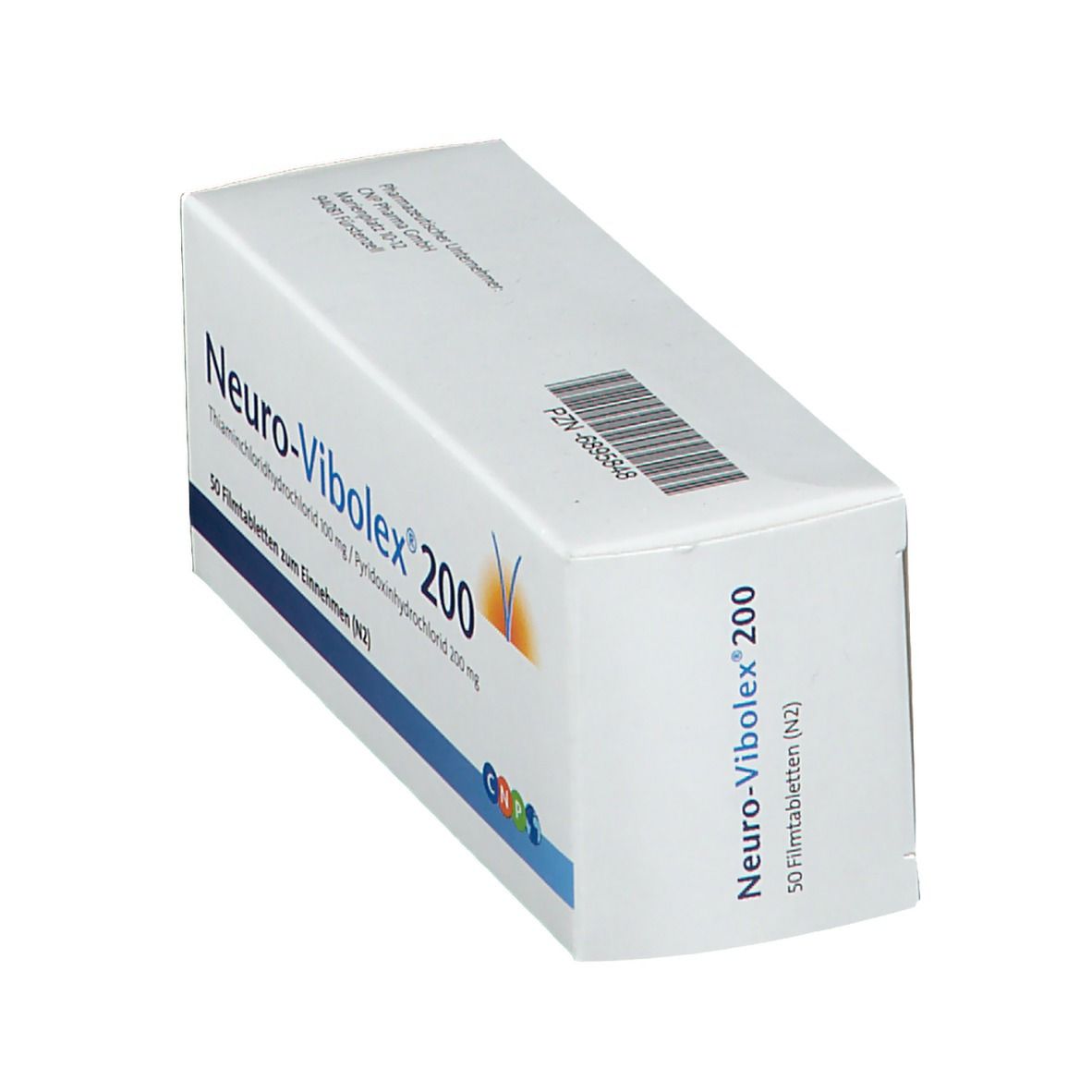 Schachtel Neuro-Vibolex 200 Filmtabletten. Aufschrift: Thiaminchloridhydrochlorid 100 mg / Pyridoxinhydrochlorid 200 mg. 50 Filmtabletten zum Einnehmen.
