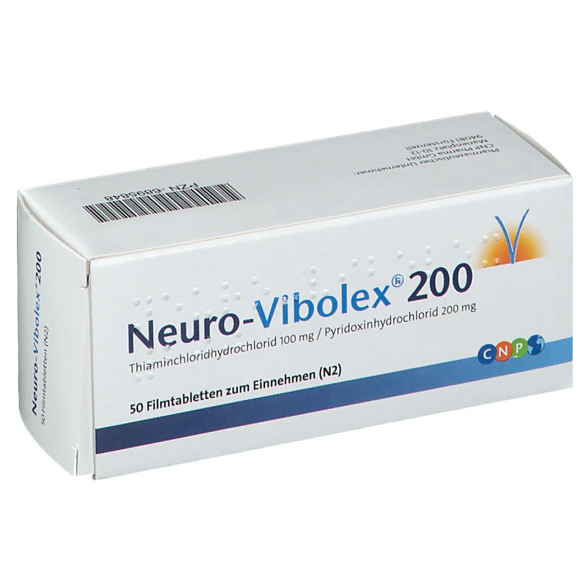 Schachtel Neuro-Vibolex 200 Filmtabletten. Aufschrift: Thiaminchloridhydrochlorid 100 mg / Pyridoxinhydrochlorid 200 mg. 50 Filmtabletten zum Einnehmen.