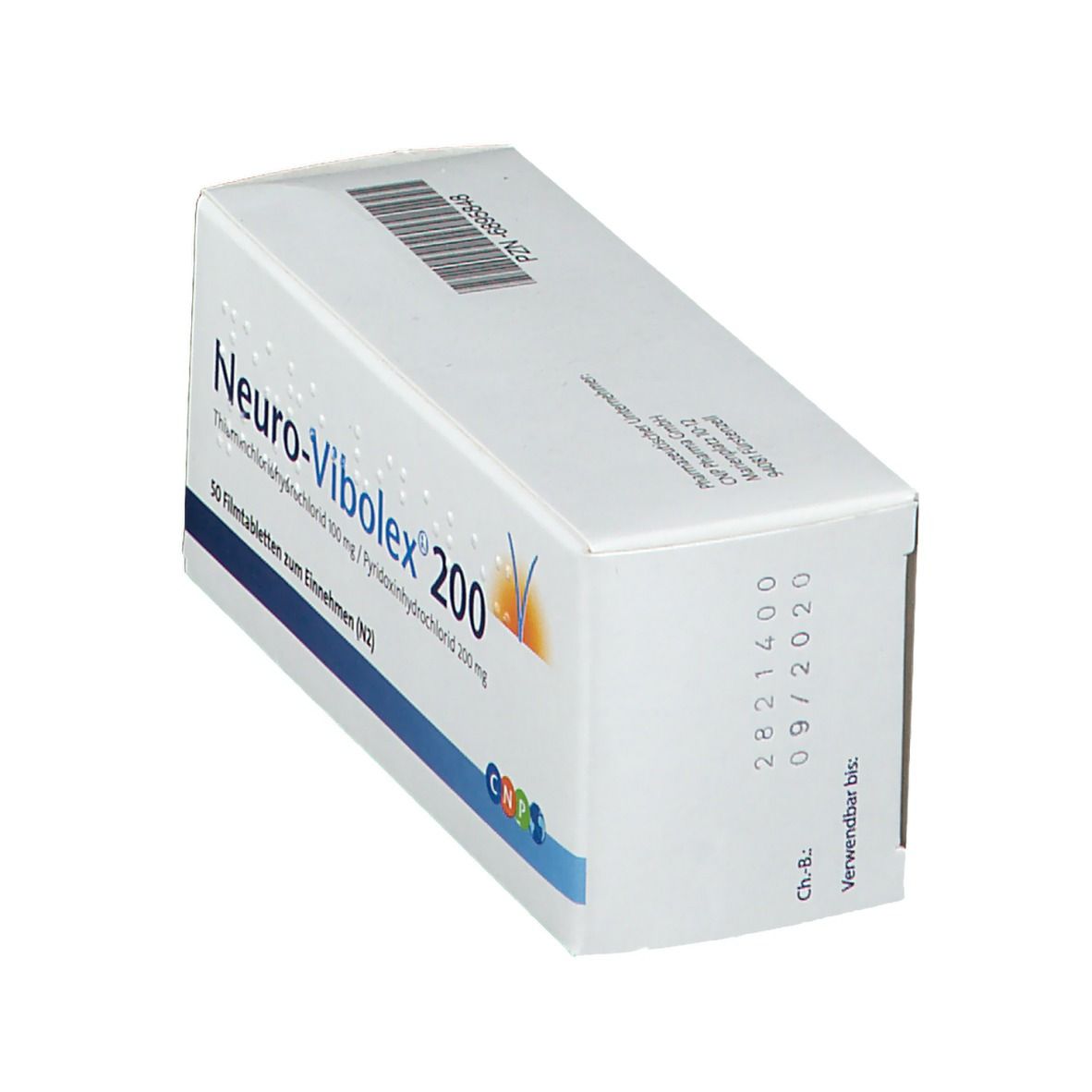 Schachtel Neuro-Vibolex 200 Filmtabletten. Aufschrift: Thiaminchloridhydrochlorid 100 mg / Pyridoxinhydrochlorid 200 mg. 50 Filmtabletten zum Einnehmen.