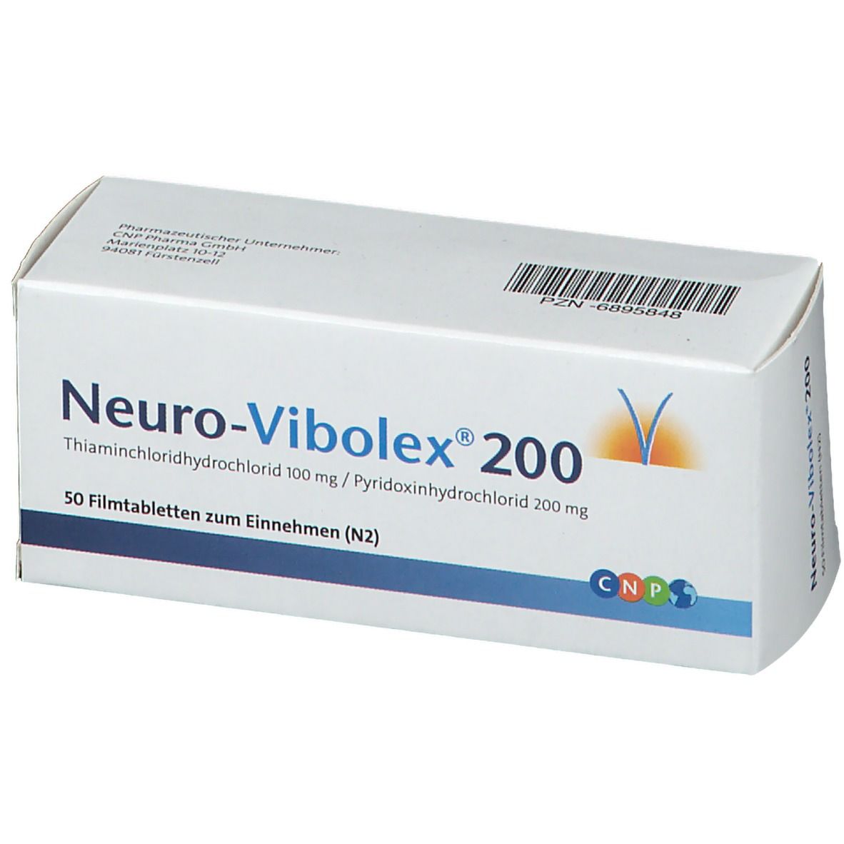 Schachtel Neuro-Vibolex 200 Filmtabletten. Aufschrift: Thiaminchloridhydrochlorid 100 mg / Pyridoxinhydrochlorid 200 mg. 50 Filmtabletten zum Einnehmen.