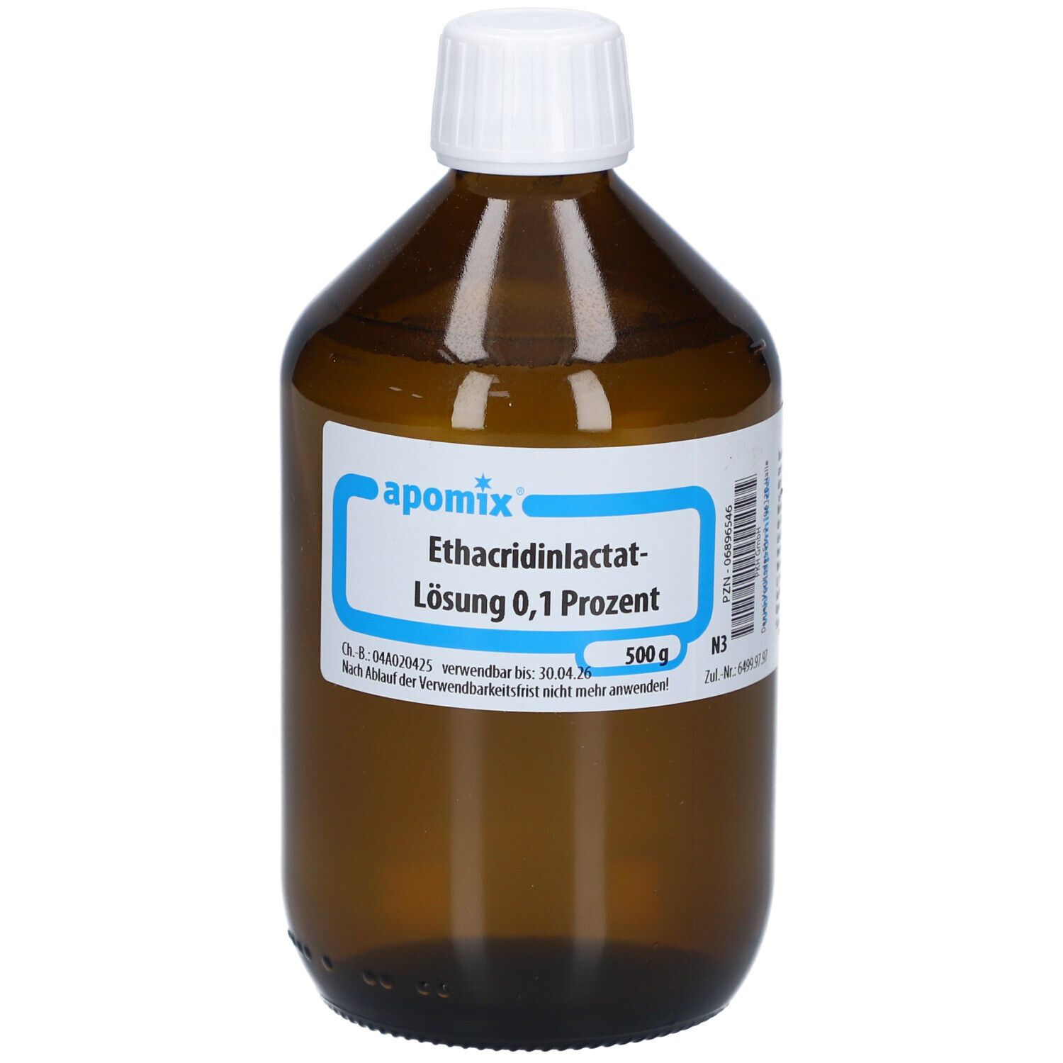Braune Glasflasche mit weißem Deckel. Etikett mit Produktbezeichnung: Ethacridinlactat-Lösung 0,1 Prozent.