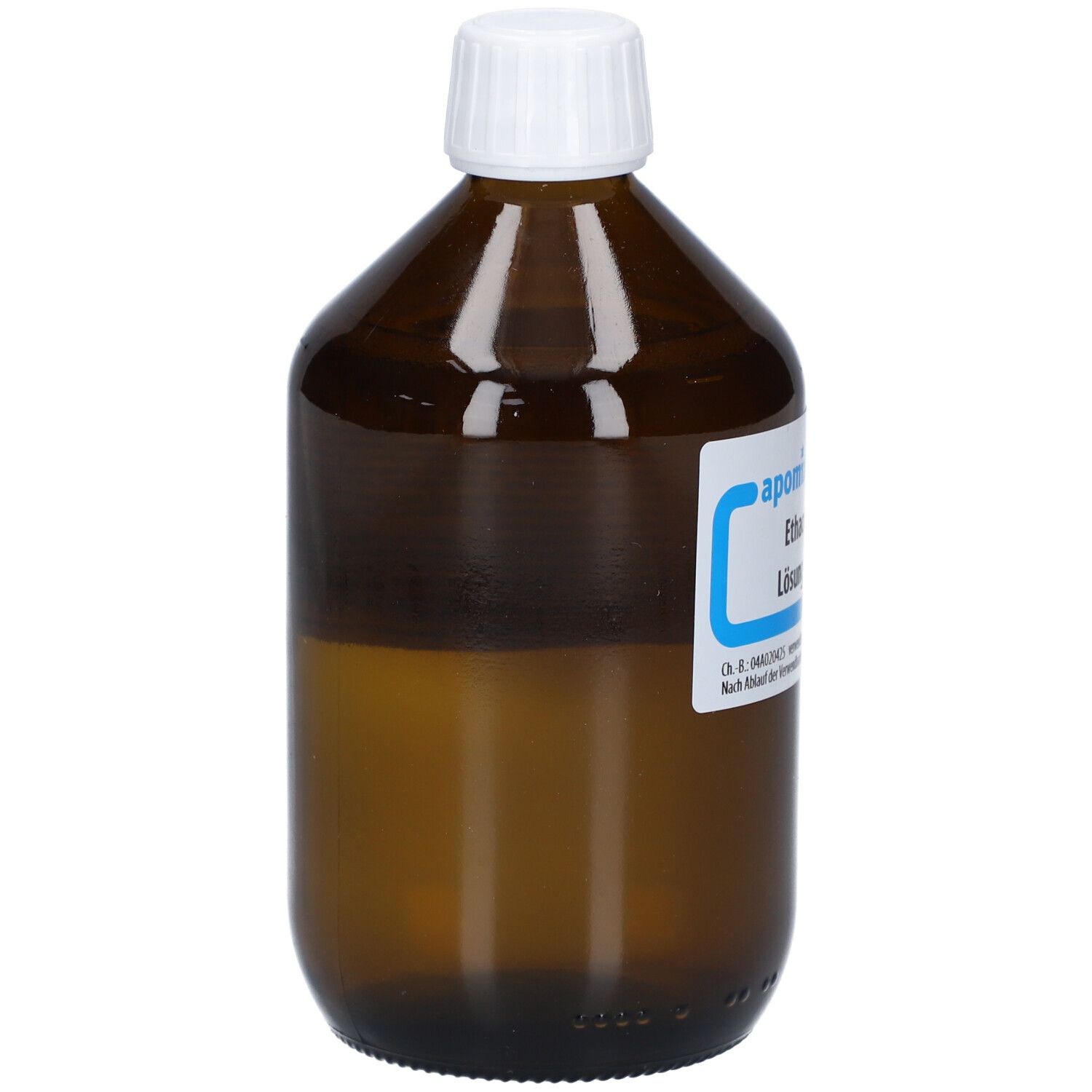 Braune Glasflasche mit weißem Deckel. Etikett teilweise sichtbar. Flüssigkeit im Inneren.
