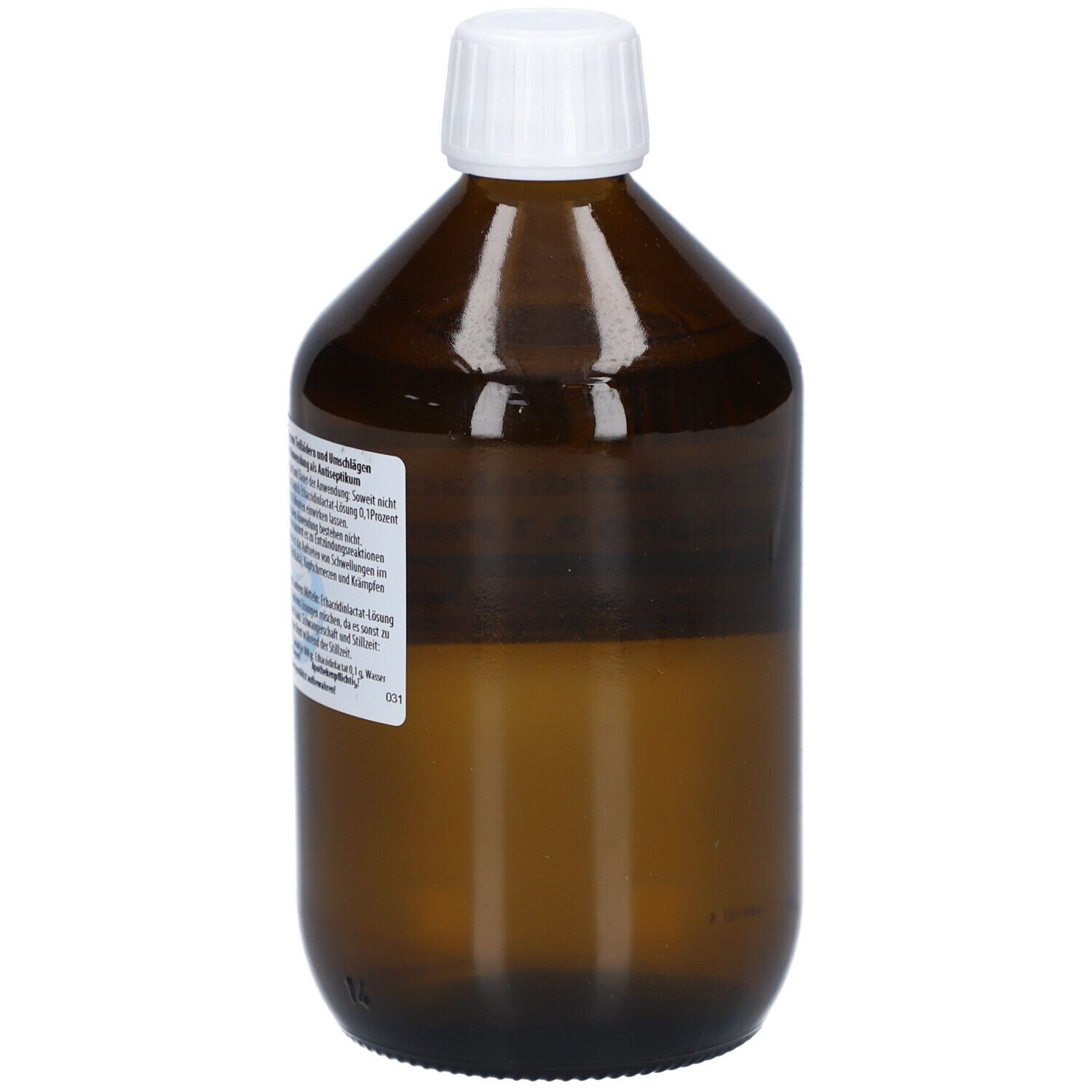Braune Glasflasche mit weißem Deckel. Etikett mit Text. Flüssigkeit im Inneren.