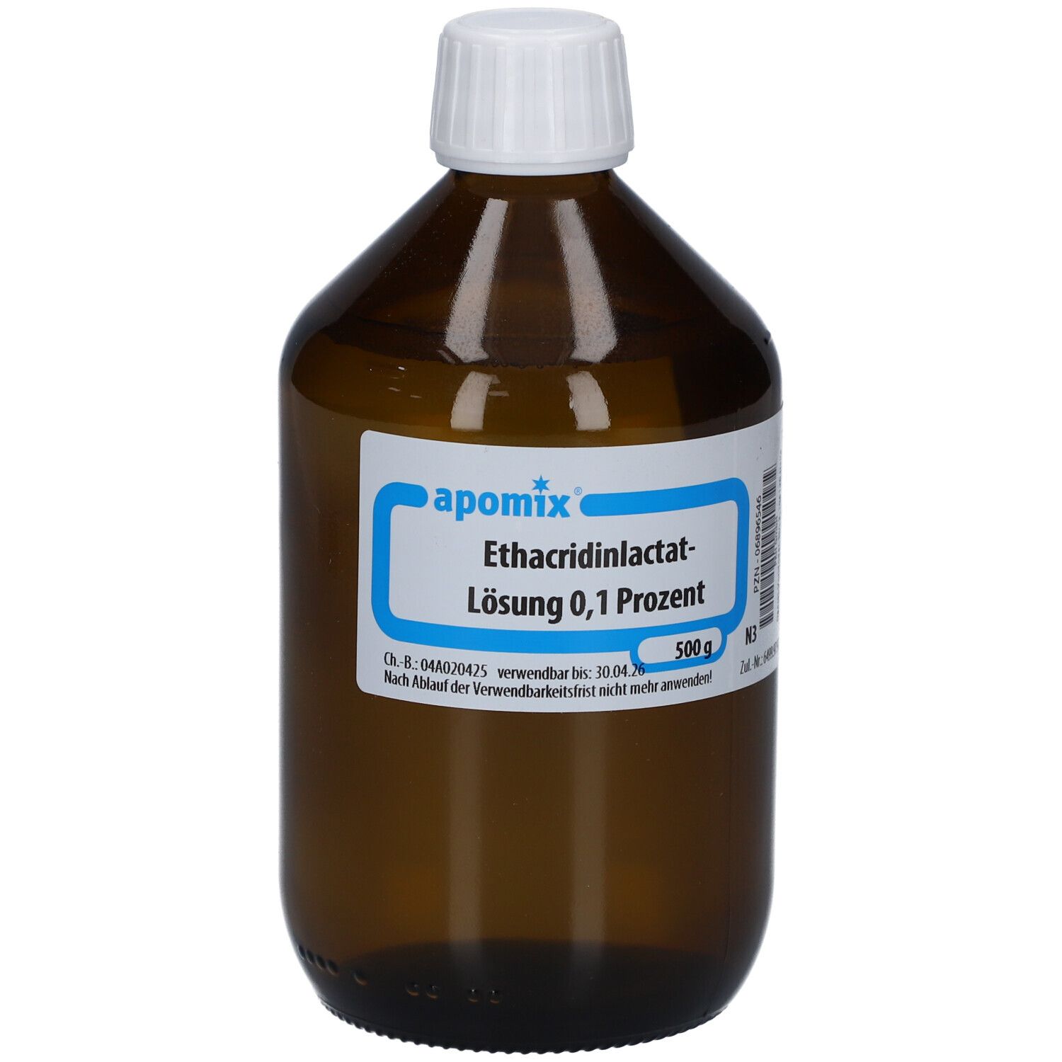 Braune Glasflasche mit weißem Deckel. Etikett mit Produktbezeichnung: Ethacridinlactat-Lösung 0,1 Prozent.
