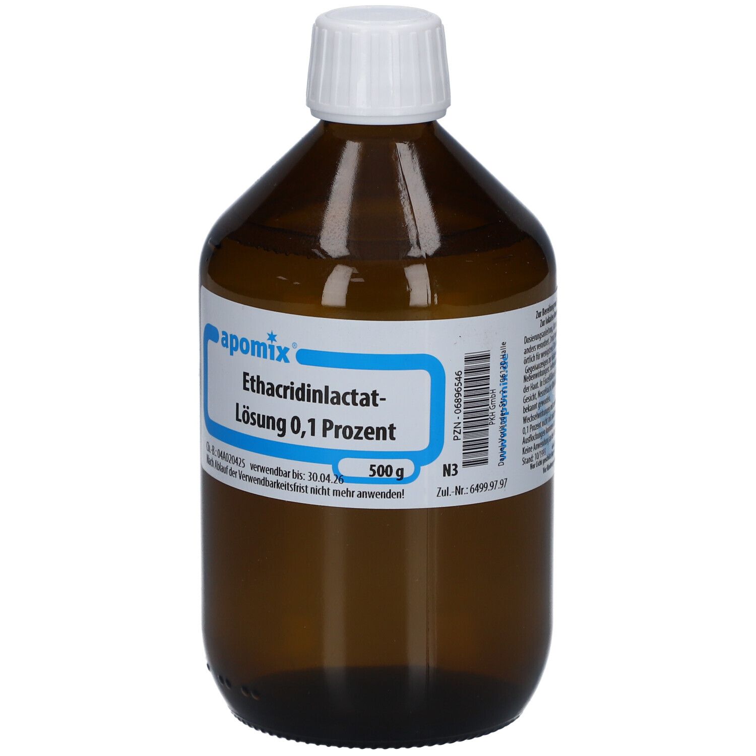 Braune Glasflasche mit weißem Deckel. Etikett mit Produktbezeichnung: Ethacridinlactat-Lösung 0,1 Prozent.