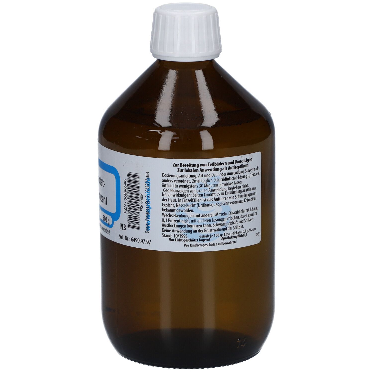 Braune Glasflasche mit weißem Deckel. Etikett mit Text. Flüssigkeit im Inneren.