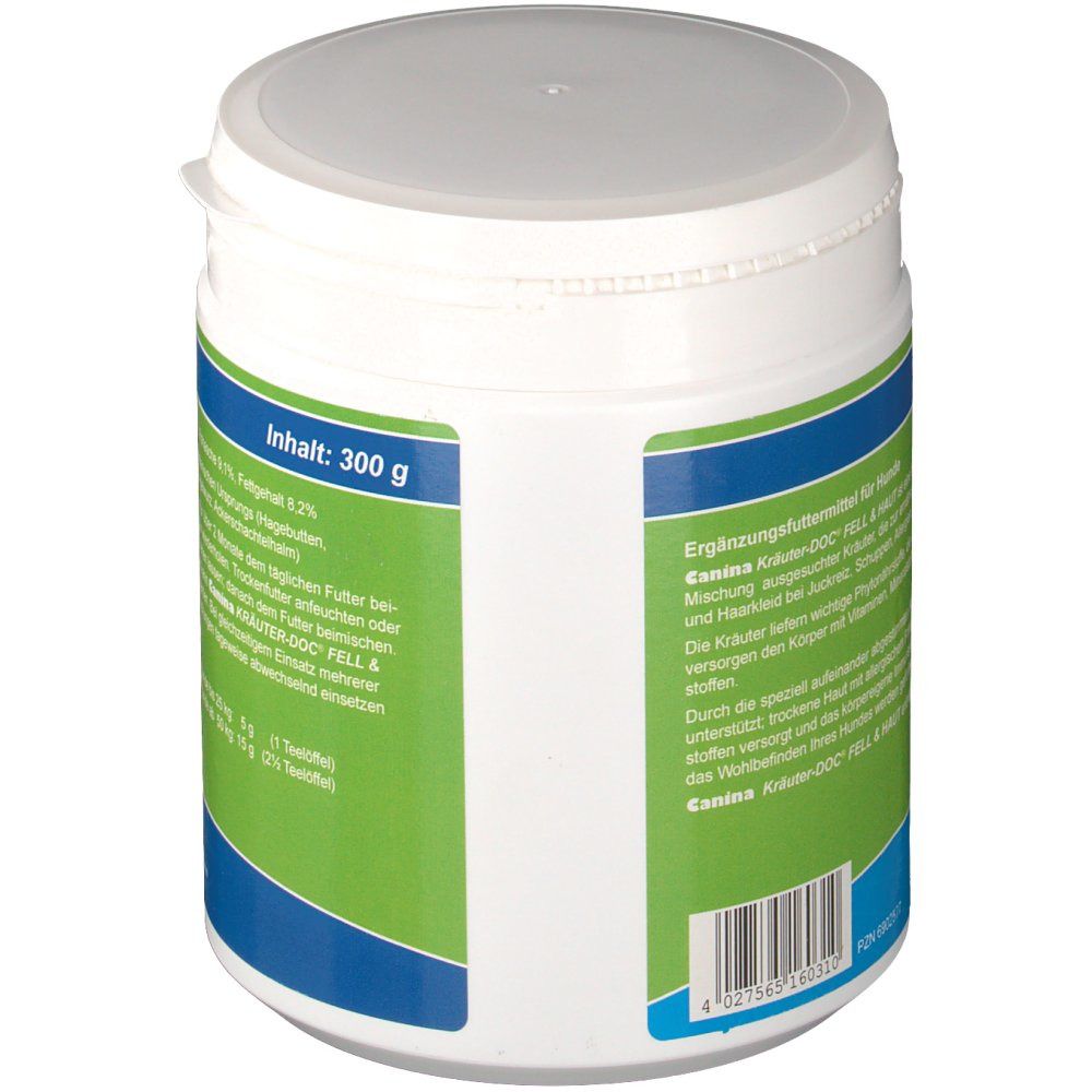 Weißer Behälter, Seitenansicht. Blau-grüne Beschriftung mit Produktinformationen und Inhaltsangabe: 300 g.