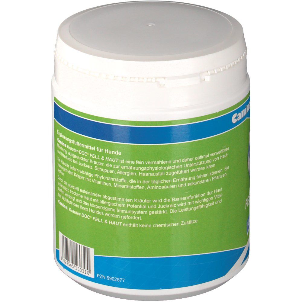 Weißer Behälter, Seitenansicht. Blau-grüne Beschriftung mit Produktinformationen und Inhaltsstoffen. Text: Ergänzungsfuttermittel für Hunde.