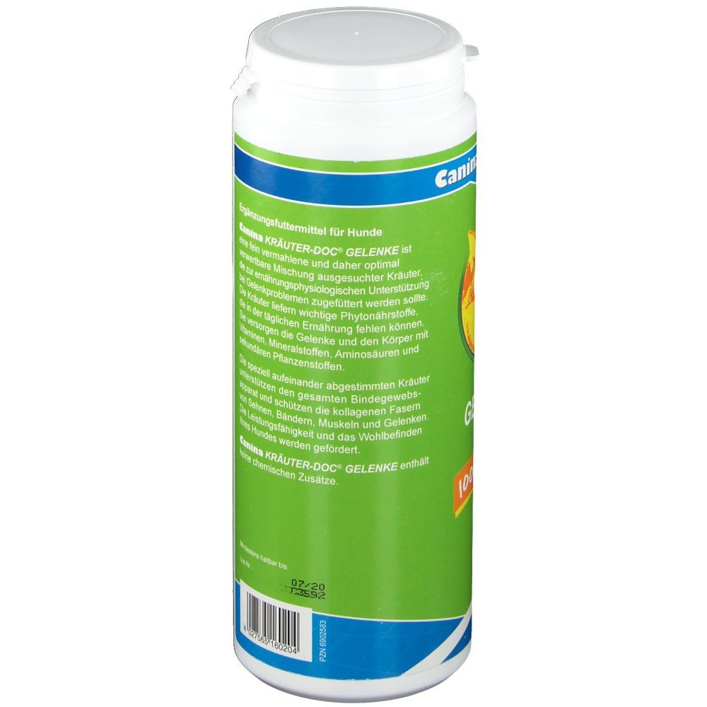 Grüne Dose mit weißem Deckel. Textinformationen. Aufschrift: Canina KRÄUTER-DOC Gelenke. Logo: Hundekopf. 100 % Natur.