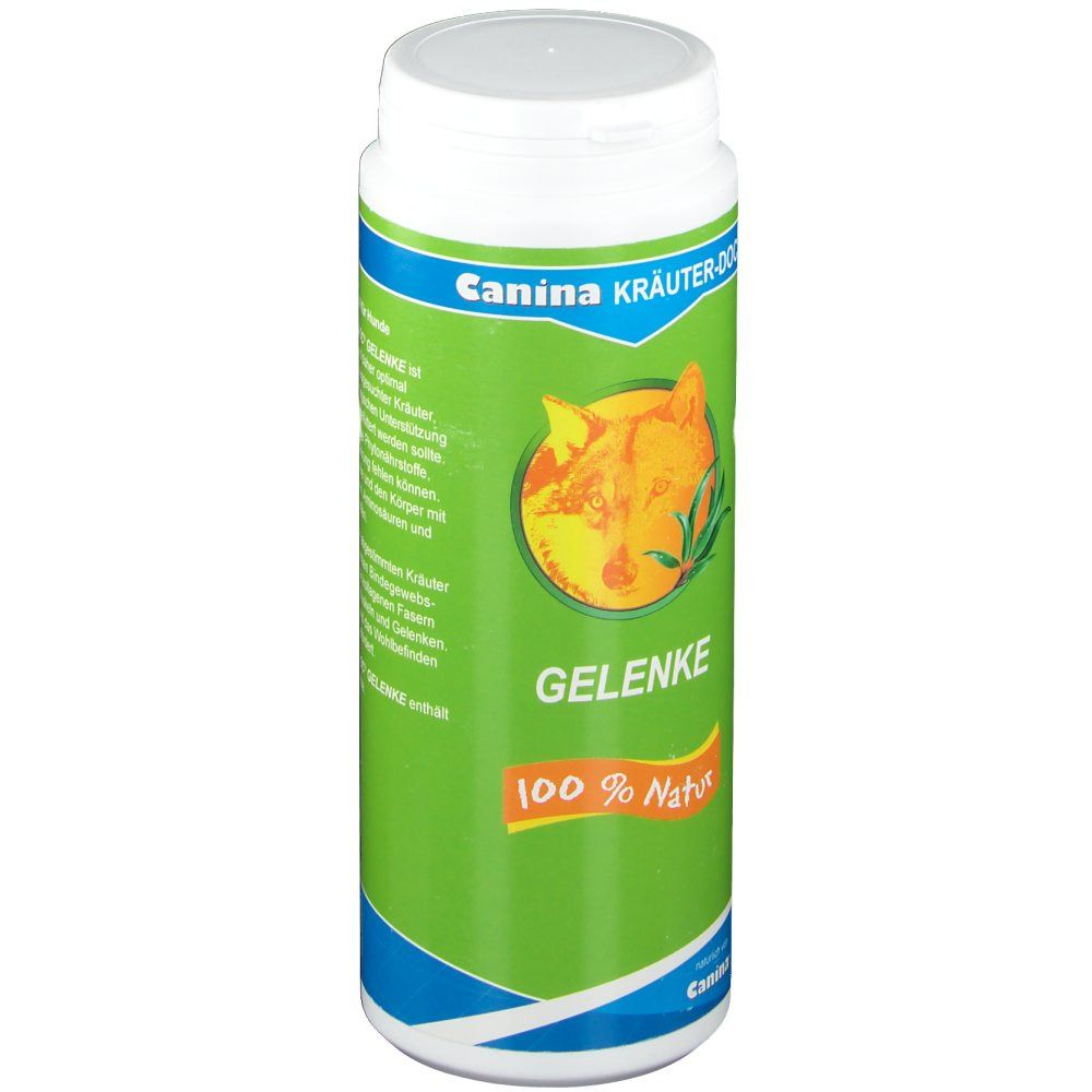Grüne Dose mit weißem Deckel. Aufschrift: Canina KRÄUTER-DOC Gelenke. Logo: Hundekopf. 100 % Natur.